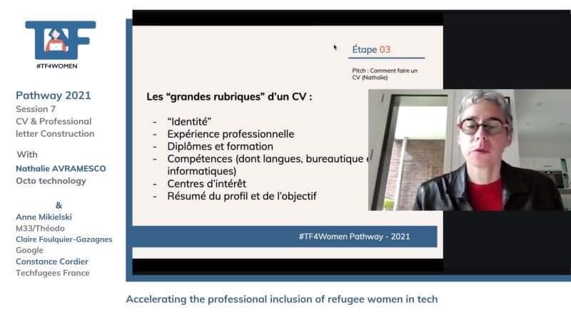 TechfugeesFR's tweet photo. Jeudi dernier led 46 participantes du #Pathway2021 #France 🇫🇷 ont travaillé leur CV afin qu'il corresponde aux normes du marché du travail Français🚀 Merci à Nathalie AVRAMESCO @OCTOTechnology & merveilleux intervenants🎙 Anne, Claire & Constance #tf4women #femme #tech https://t.co/ogeJC33net