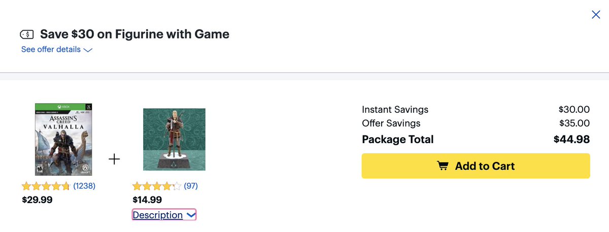 IGNDeals's tweet photo. special deal at Best Buy when you buy Assassin's Creed Valhalla for Xbox One/X/S - buy the game on sale for $29.99 (usually $59.99), save $30 on the Assassins Creed Vinyl Figure: https://t.co/a114e42cZb 🙌🏼
pricing pictured below ⬇️ https://t.co/VvI4Kg9Zni