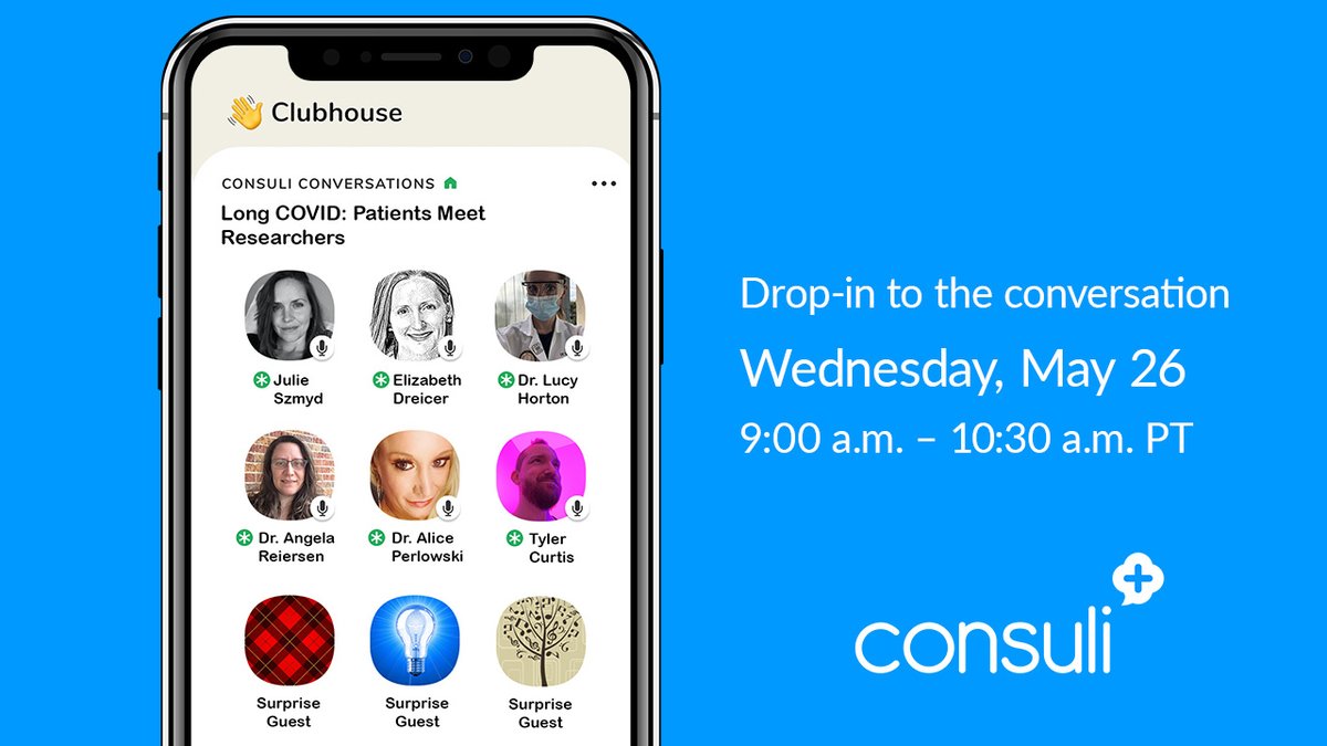 Consuli_Inc's tweet photo. 👋🏼Join us on #ClubhouseApp
📆 Wednesday, 5/26
⌚️9:00 am PT
🗣We’ll be speaking to #doctors #researchers & #patients
🦠 #longcovid #longhaulers #covidsymptoms
🚪 Search for room: Long COVID: Patients meet Researchers
#consuli #covid19 #awareness #healthcare #research #clubhouse https://t.co/jktZZmvIT8