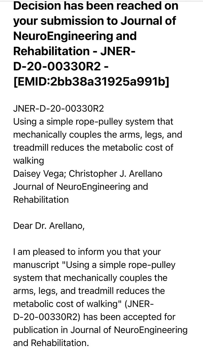 Congrats 🎉 to my PhD student Daisey Vega <a href="/Dope_Daisey/">Daisey Vega</a> whose 1st-author paper was just accepted to Journal of NeuroEngineering &amp; Rehabilitation. Big thanks to the anonymous reviewers &amp; <a href="/HelenJHuang/">Helen J. Huang</a> who helped us think more deeply about our findings.  #biomechanics <a href="/PerfectMethod/">The Science of Speed</a>