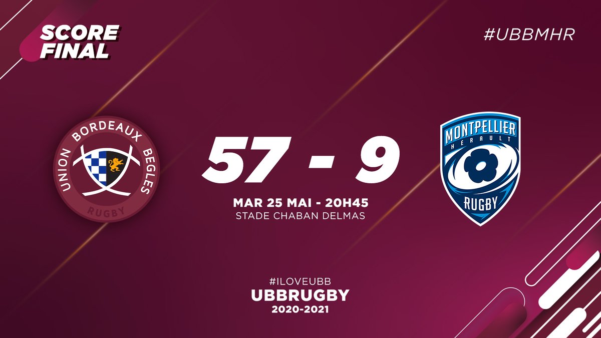 UBBrugby's tweet photo. Fin du match à Chaban sur un dernier essai de Ben Botica. L'UBB s'impose 57 à 9 et poursuit son objectif !
#UBBMHR #ILOVEUBB https://t.co/BtHX195dJ7