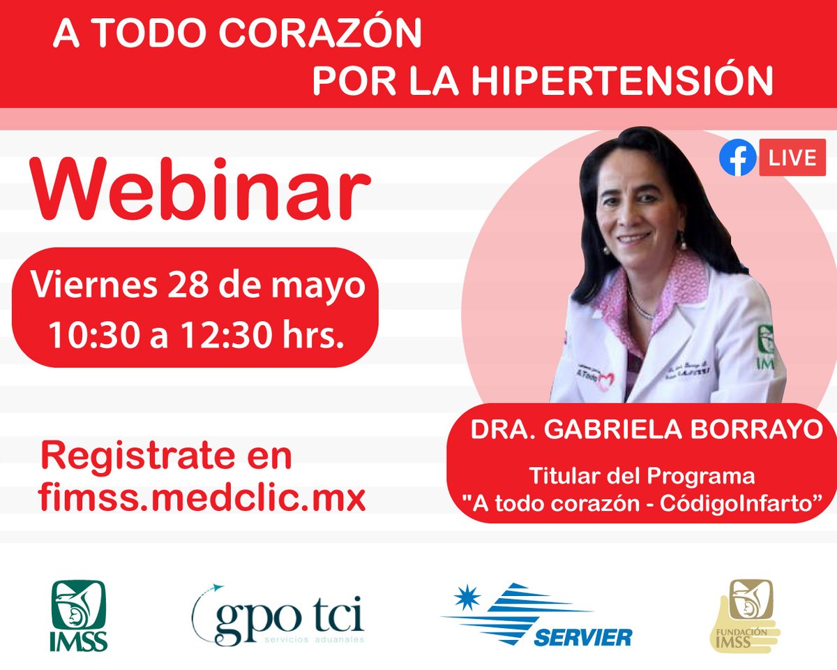 FundacionIMSS's tweet photo. Los invitamos el próximo viernes 28 de mayo 2021, de 10:30 a 12:30 hrs, al #Webinar "A todo Corazón por la hipertensión" en el marco del día internacional de la Hipertensión 2021, con la Dra. Gabriela Borrayo. 

Registro: https://t.co/4ybQxYQmlh https://t.co/KYKZ9FaqQZ