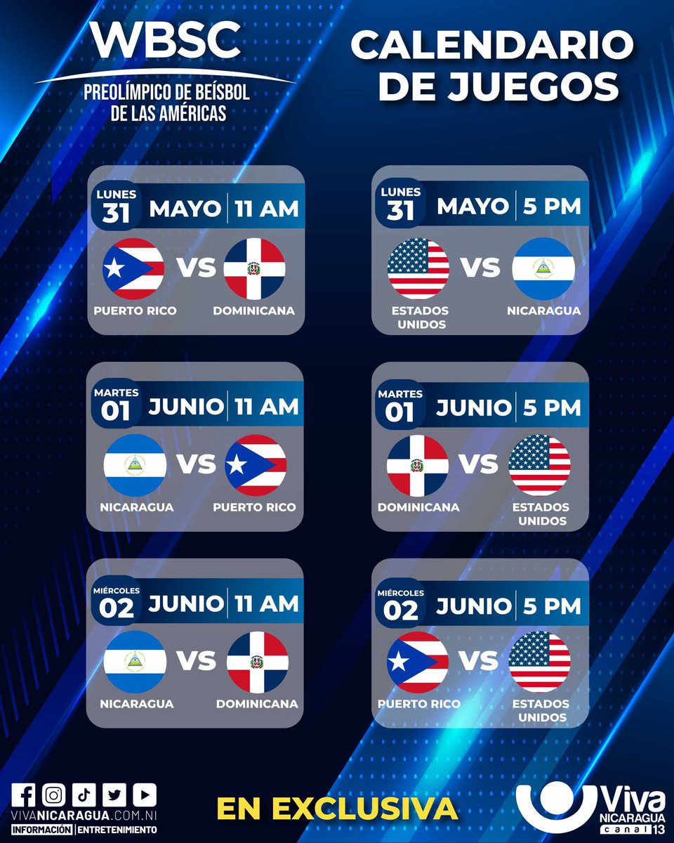 VivaNicaragua13's tweet image. #PreolímpicoxCanal13
¡El Torneo Preolímpico de Béisbol ⚾️ está a las puertas! 🙌🏻 🏟 

⏩Se llevará a cabo del 31 de mayo al 7 de junio en Florida, #EstadosUnidos.

👀 Evento que podrás disfrutar Exclusivamente por Viva Nicaragua - Canal 13 📺 🙌🏻

#AzulBlancoAzul
#VamosNicaragua