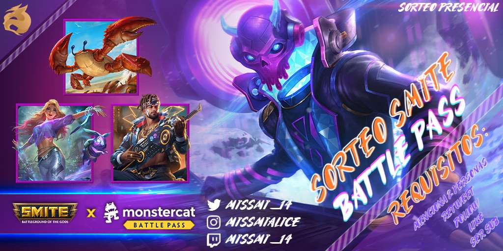 💜SORTEO SMITE💜
"Monstercat Battle Pass"

REQUISITOS:
- Menciona a 1 persona
- Retweet
- Like
- Follow
- Ser Sub

Fecha límite 04/06 a las 23:59h España
Ganadores durante el Stream el 05/06

<a href="/HiRezStudios/">Hi-Rez</a> <a href="/SMITEGameES/">SMITE España</a> <a href="/SMITEGameLA/">SMITE 2 LatAm</a>