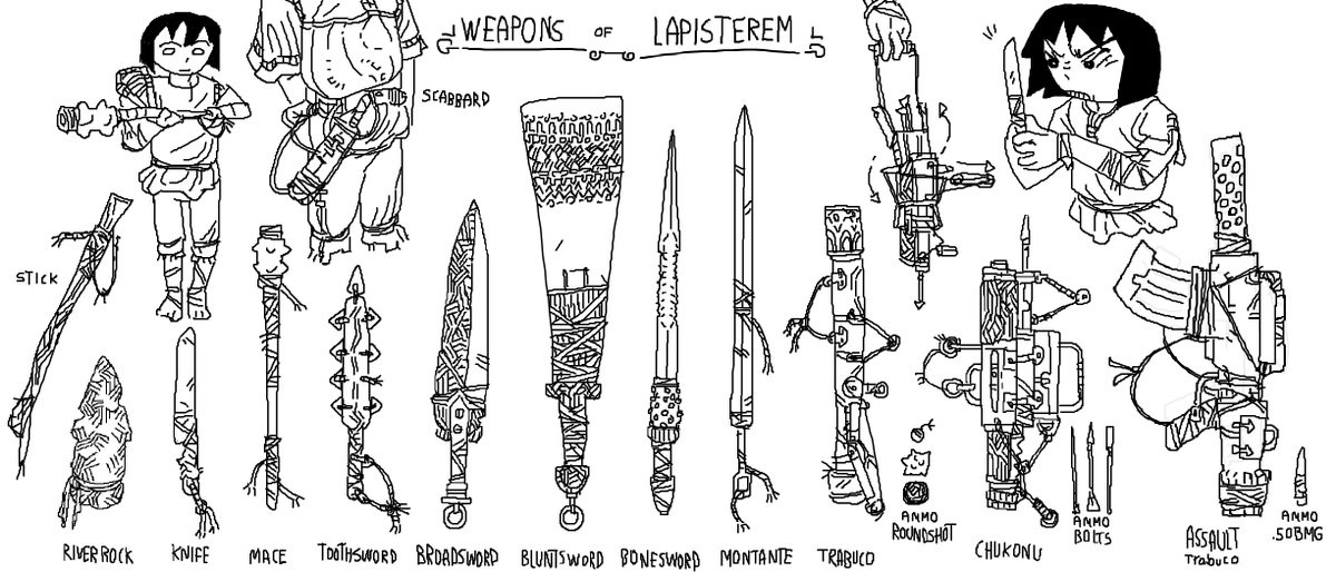 [WEAPONS OF LAPISTEREM]
From shanks to blunt swords, from repeating crossbows to repeating muskets, the technology of this world is as unsafe as it is bruteforced! 