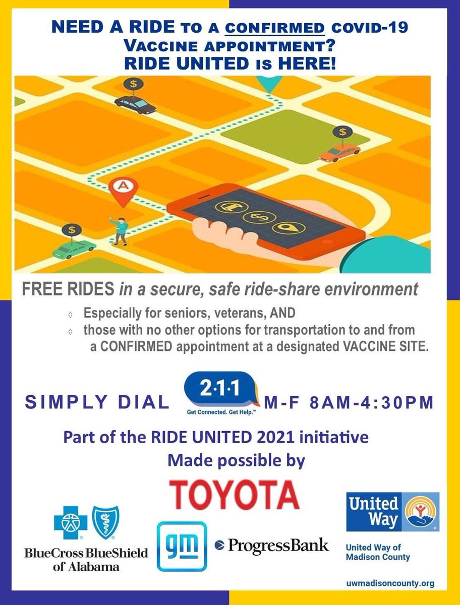 Need a ride to get your COVID-19 vaccine? Know someone where transportation issues are keeping them from getting vaccinated? 

All residents in the Huntsville area can call 2-1-1 for a safe and free ride to any confirmed vaccine appointment.