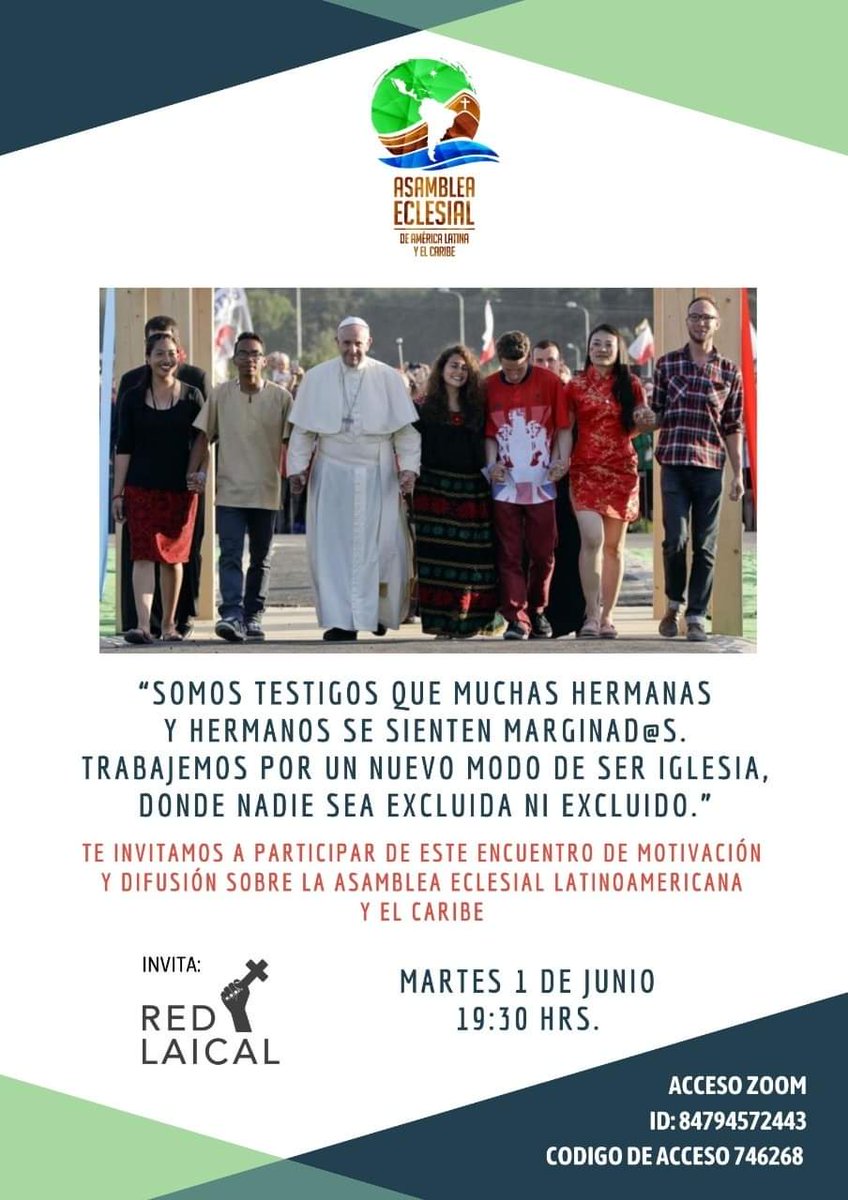 redlaicalconce's tweet photo. "Tod@s invitados a participar en un encuentro para conocer y dialogar sobre la Asamblea Eclesial para América Latina y el Caribe. 
¿Cuándo? Martes 01 junio
¿Horario? 19.30 a 21.00 hrs
👉 A través de Zoom (datos en afiche)
Te esperamos " https://t.co/cHgzuKf5IM