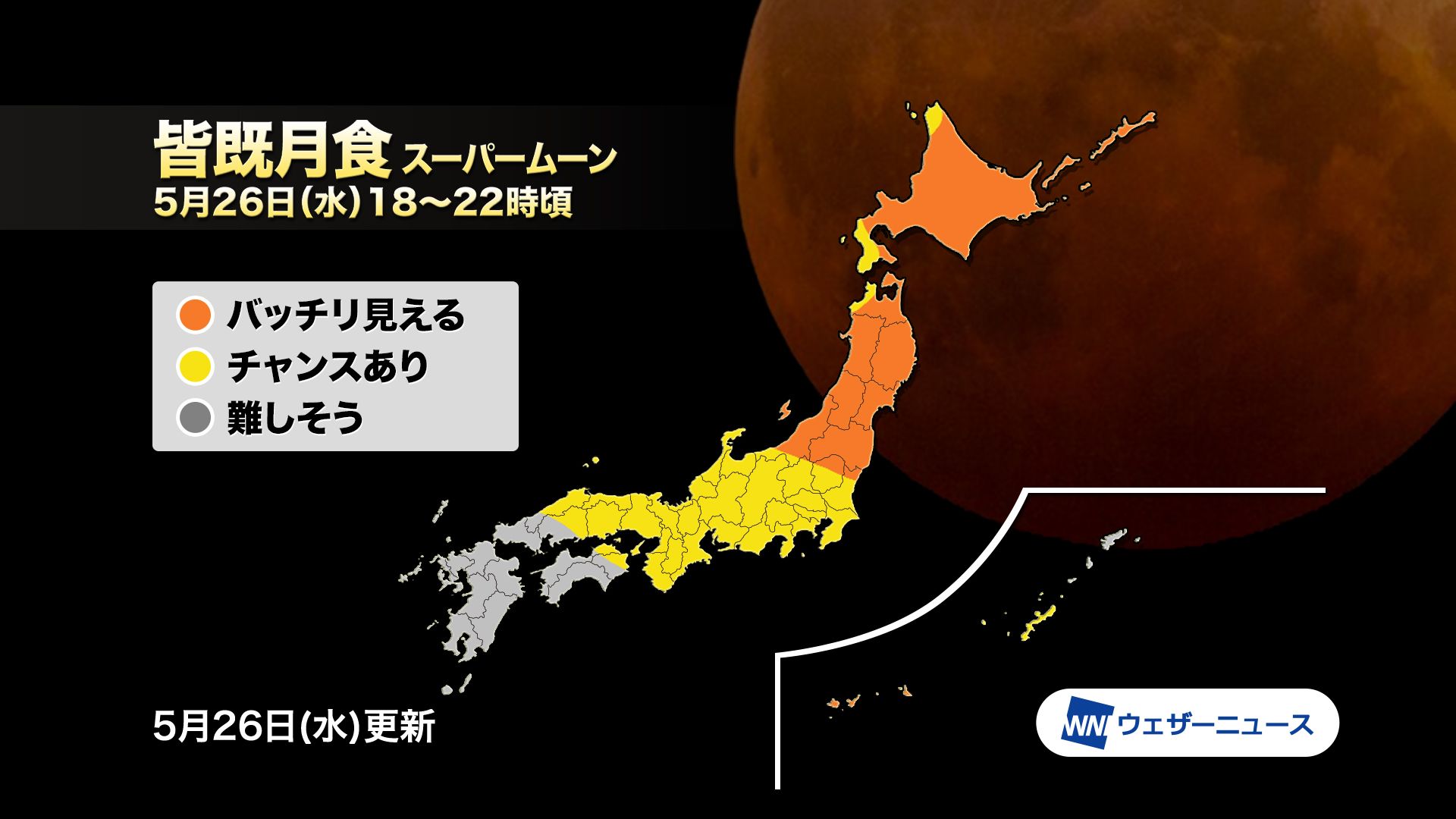 ウェザーニュース 今夜は皆既月食 今日5月26日 水 夜 日本全国で皆既月食が見られます 日本全国で観測できるのは約3年ぶりです また 今日の満月は今年一番大きく見える満月で スーパームーン とも呼ばれます スーパームーン皆既月食 T