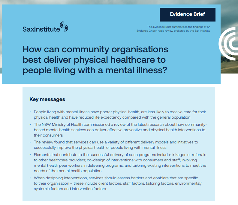 DrJuliaDray's tweet photo. Work of our Physical Health in Mental Illness Team hot off the press: Evidence check-Initiatives to improve physical health for people in community-based mental health programs @SaxInstitute @NSWHealth @UON_research @Psychology_UON  @CaitlinFehily @Lauren_K_Gibson @LukeWolfenden https://t.co/xav1QeiZZ6