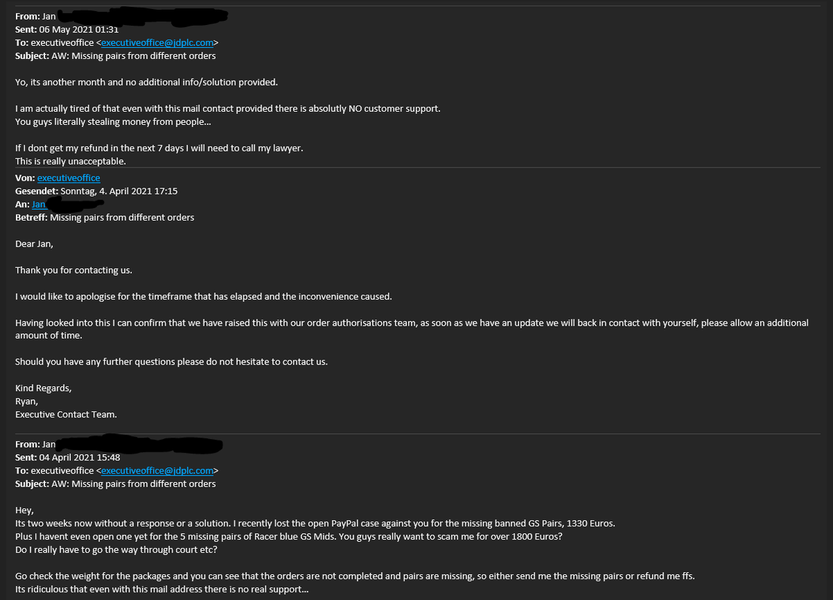 JanEUDon's tweet photo. Dear @JDSports @JDSportsDE @JDhelpteam, 
do you guys really want to scam me for almost         
2000 Euros? 
Not working on my case AT ALL so I have to email you about updates etc + you cant even forward infos to your auth. team yourself?
Just to get a decline...
CUsTomER SeRviCe https://t.co/Ls9723B4DT