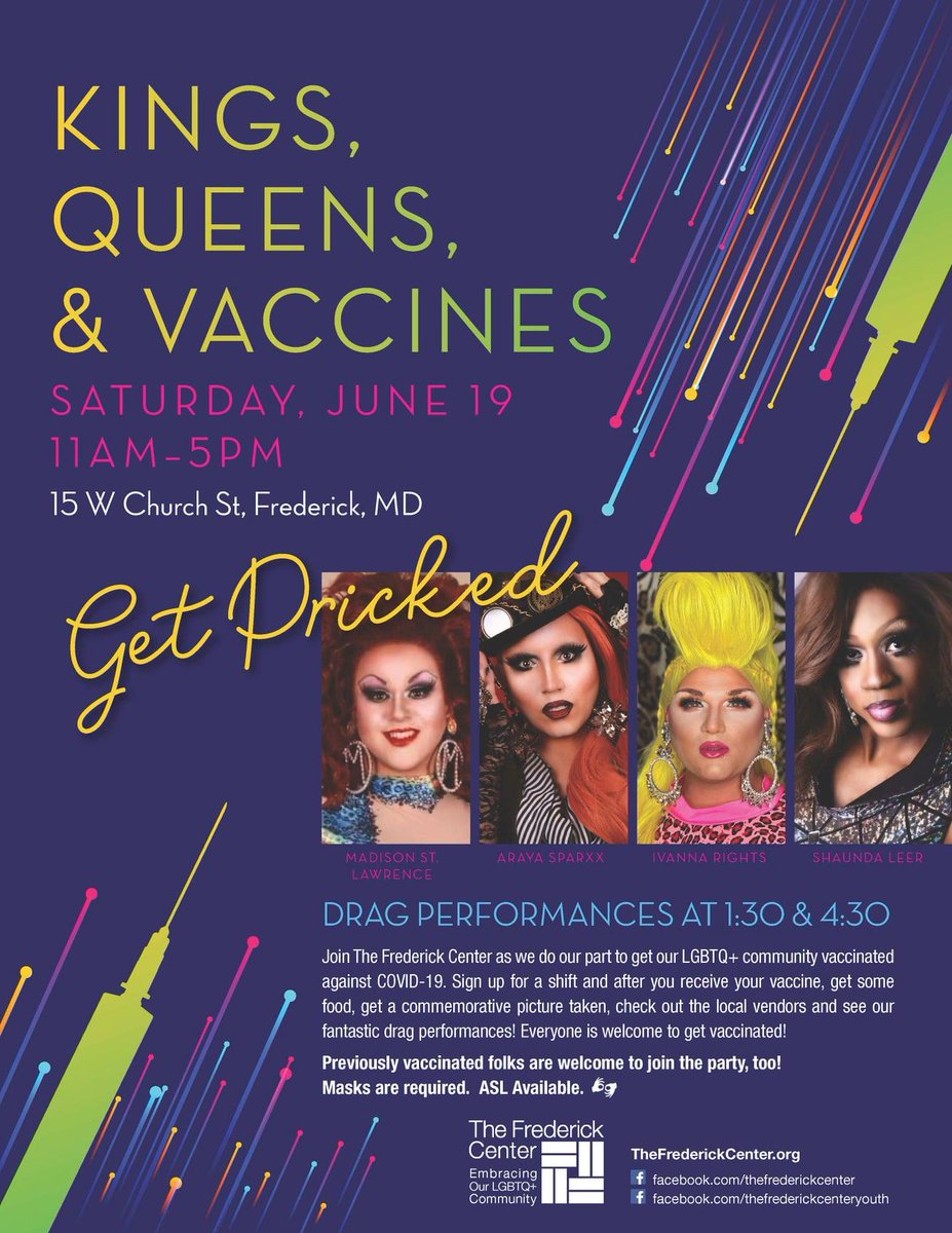 fredmdpride's tweet photo. 1/ DAY TWO ANNOUNCEMENT 

Let’s Do Our Part! 

For Pride Month, while we wait for Frederick Pride on October 3, The Frederick Center is throwing an all-out Vaccine Party! Come to ERUCC (15 W Church Street). https://t.co/Q6TXi4UmuI