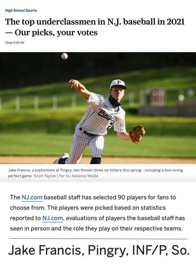 JakeFrancis31's tweet photo. Thank you @HSSportsNJ for selecting me as a top underclassmen in NJ baseball. @ByLuisTorres @ZonedSports @PingryAthletics @jfriedman37 @PBRNewJersey @TJHunt_PBRNJ @JkroegerJt   https://t.co/qnaj9ObCaT https://t.co/p8JyNkUUqd