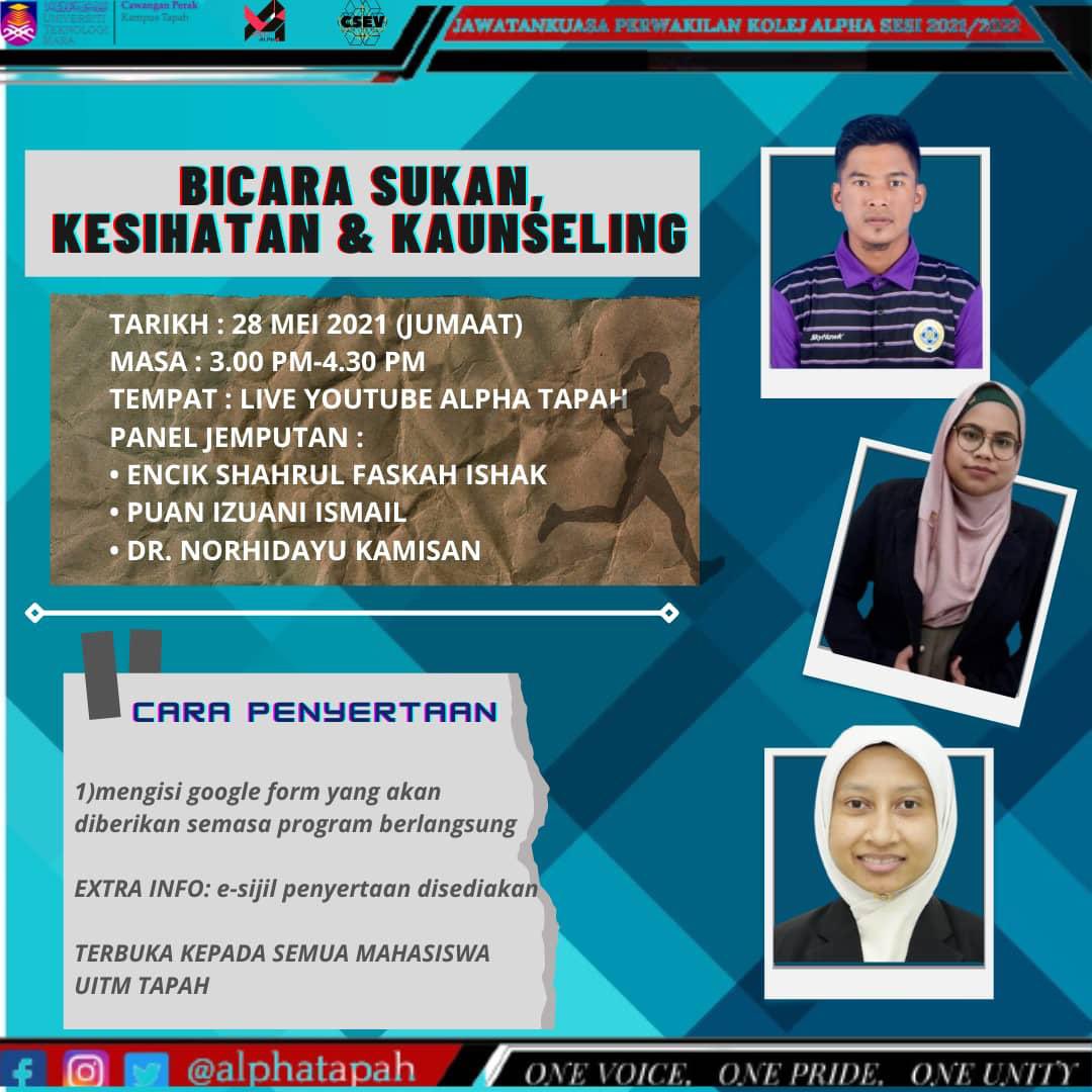 AlphaTapah's tweet photo. ✨BICARA SUKAN, KESIHATAN DAN KAUNSELING✨ 

📌TERBUKA KEPADA SEMUA MAHASISWA UITM KAMPUS TAPAH 

📌Jawatankuasa Perwakilan Kolej Alpha telah menganjurkan satu program bual bicara bersama panel-panel

Rujuk bebenang:- https://t.co/5Djl4HDqcs