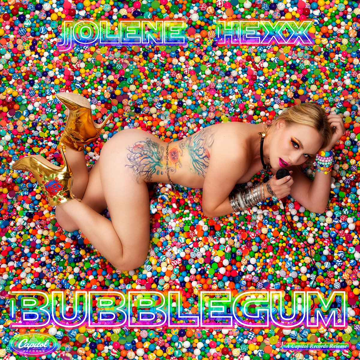 Two mock-ups for the indomitable Jolene Hexx's new album BubbleGum. Album drops soon and will be available on vinyl only exclusively at Tower Records in Times Square. Hair, makeup and gumball wrangling by Kristina Gilbert