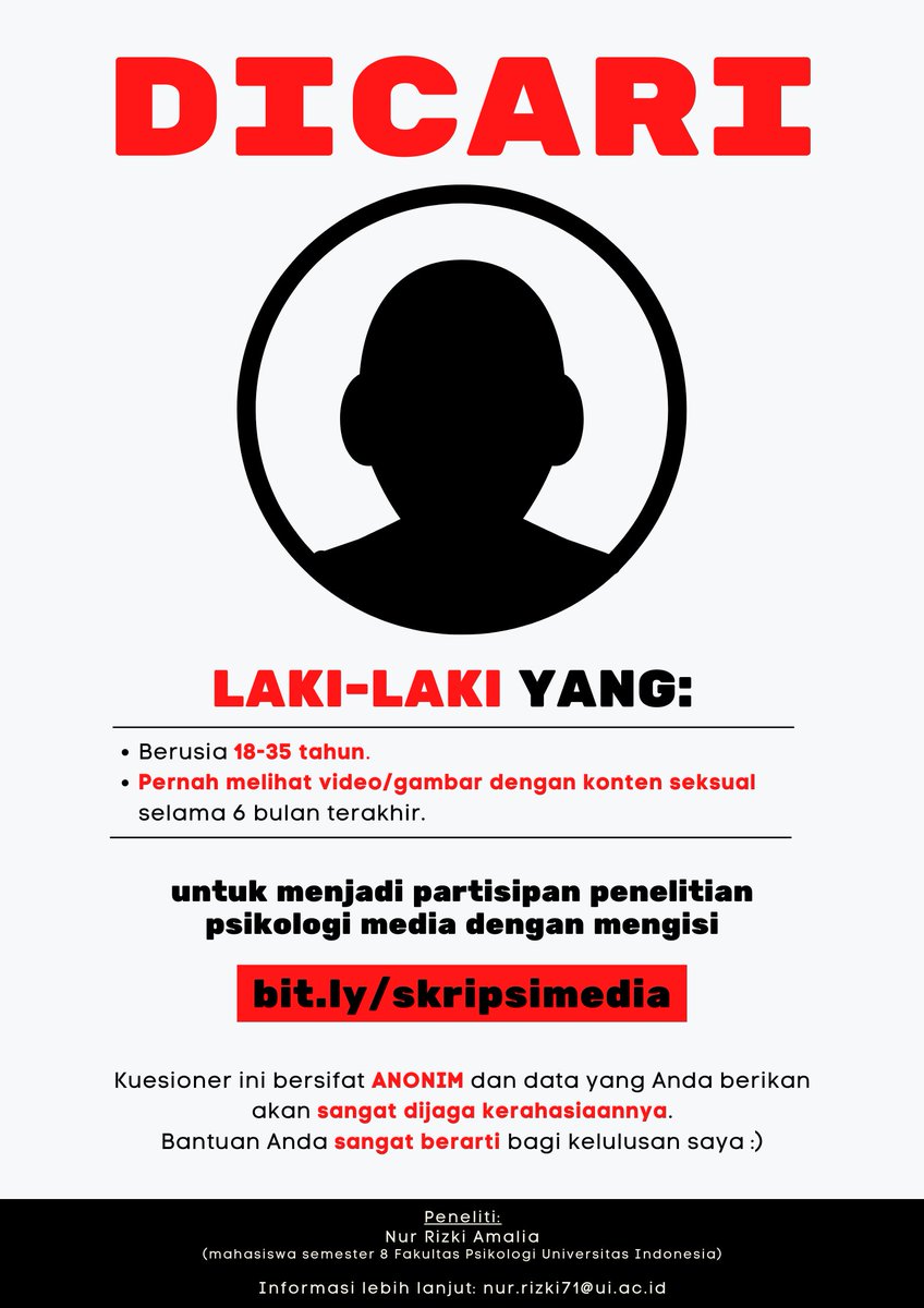 sweetpotatyongs's tweet photo. Bro, pernah nonton video porno ga? 

Hi, aku Nikki, mahasiswa F. Psikologi UI yg sdg menulis skripsi ttg penggunaan media. Jika kamu LAKI-LAKI usia 18-35 th &amp; pernah menonton media dg konten seksual, tolong bantu isi kuesionerku di https://t.co/xqMQvwVYka yaa :)

Terima kasih ✨ https://t.co/Iy2coCHREr