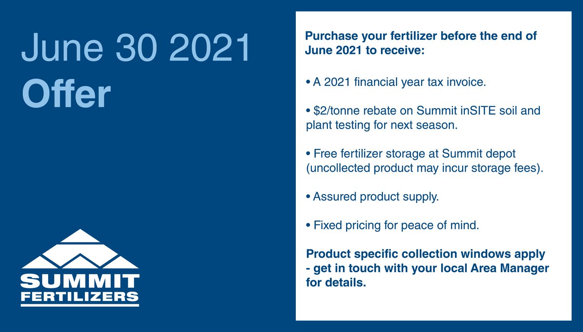 Our June 30 2021 Offer is now available!

Take advantage of our free storage and get a 2021 FY tax invoice. Product specific collection windows apply.

For more info visit summitfertz.com.au/blog/june-30-2… and speak to your local Area Manager summitfertz.com.au/area-managers.