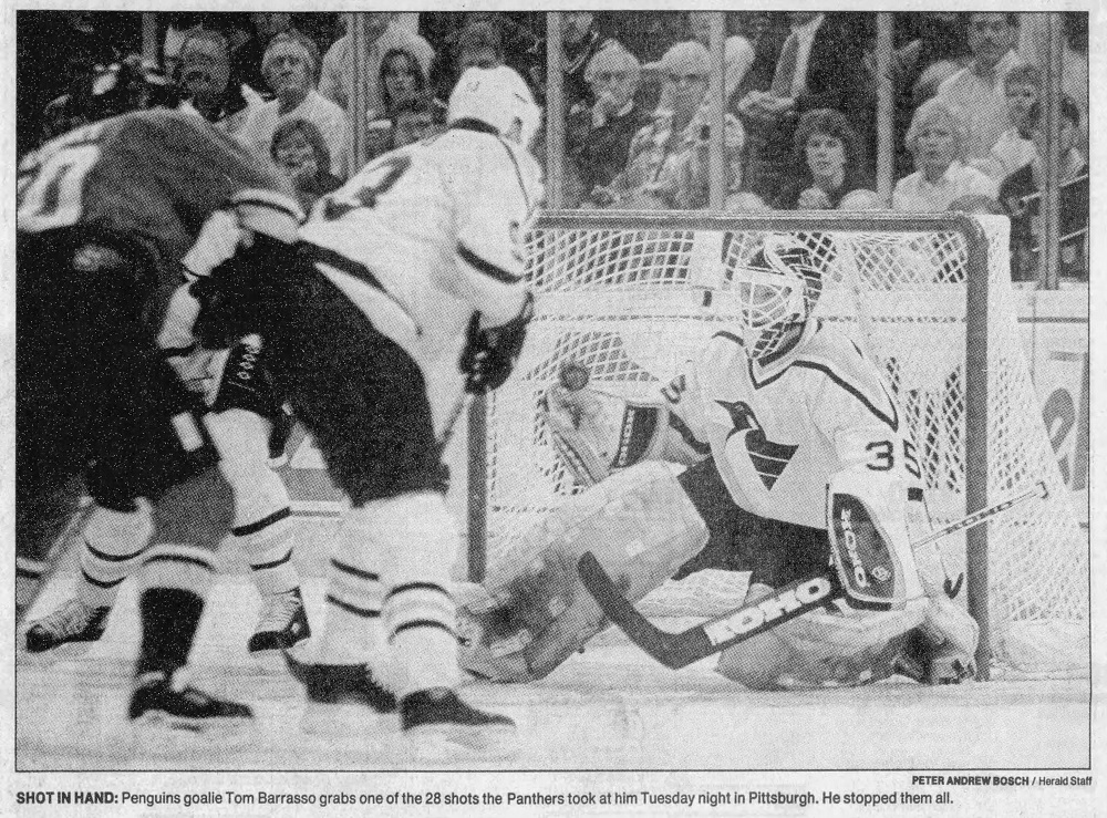 1996: Tom Barrasso (28 saves) and Pittsburgh Penguins defeat Florida Panthers in Game Five of Eastern Conference Finals, 3-0. https://t.co/RlrezxlifE https://t.co/XAeTTxag5H