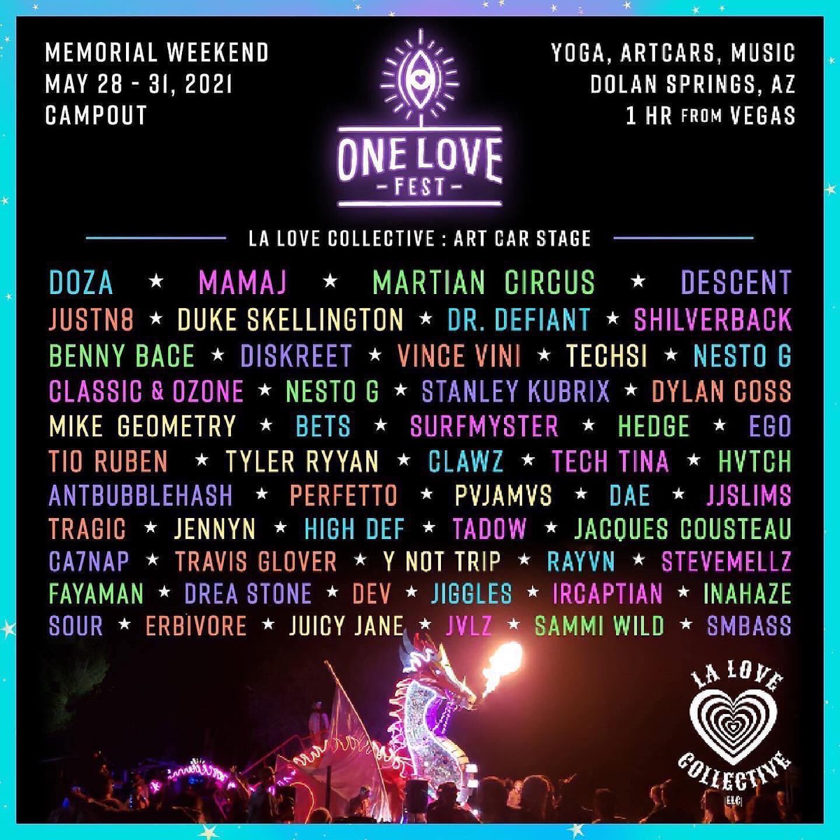 GeniusLociFest's tweet photo. Many great artists performing this weekend at @OneLoveFestNow only an hour from Las Vegas, in Dolan Springs, AZ.  #art #yoga #musicfestival #onelovefestnow
Info/tickets
https://t.co/YIz2mAh667 https://t.co/nK0jO8daoI
