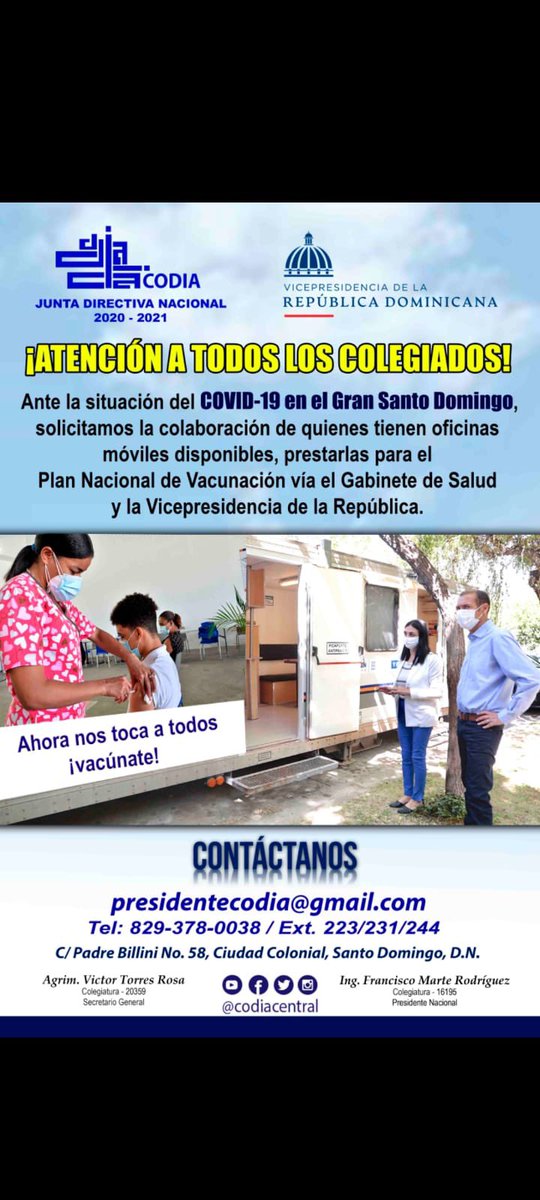 CodiaCentral's tweet photo. Pte.Nacional Codia ing. @marte21618 y la Junta Directiva Nacional hacen llamando a quienes tengan oficinas móviles ponerla a disposición para facilitar la vacunación de los ciudadanos contra el COVID-19. #codiard #codiavacunate #codiavirtual #presidentecodia #noticiasdelcodia https://t.co/x9vVw8CXTF