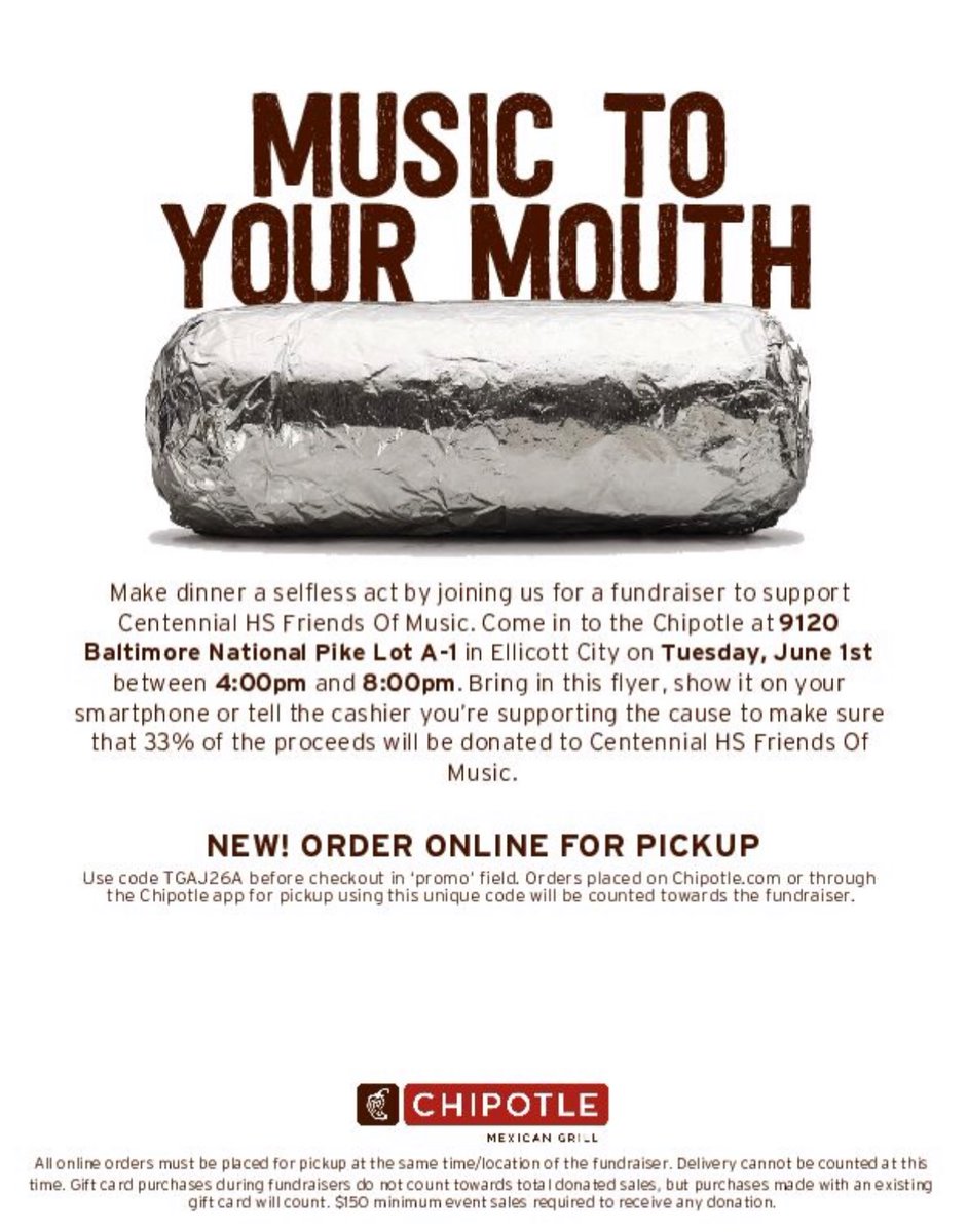 chsfom's tweet photo. FUNDRAISER! Chipotle, 9120 Baltimore National Pike in Ellicott City on June 1st,  4pm-8pm. Bring in this flyer, show on your smartphone or tell the cashier to make sure proceeds are donated to @hcpss_chs FOM. Use code TGAJ26A before checkout in ‘promo’ field if ordering online. https://t.co/vSsXQ549vj