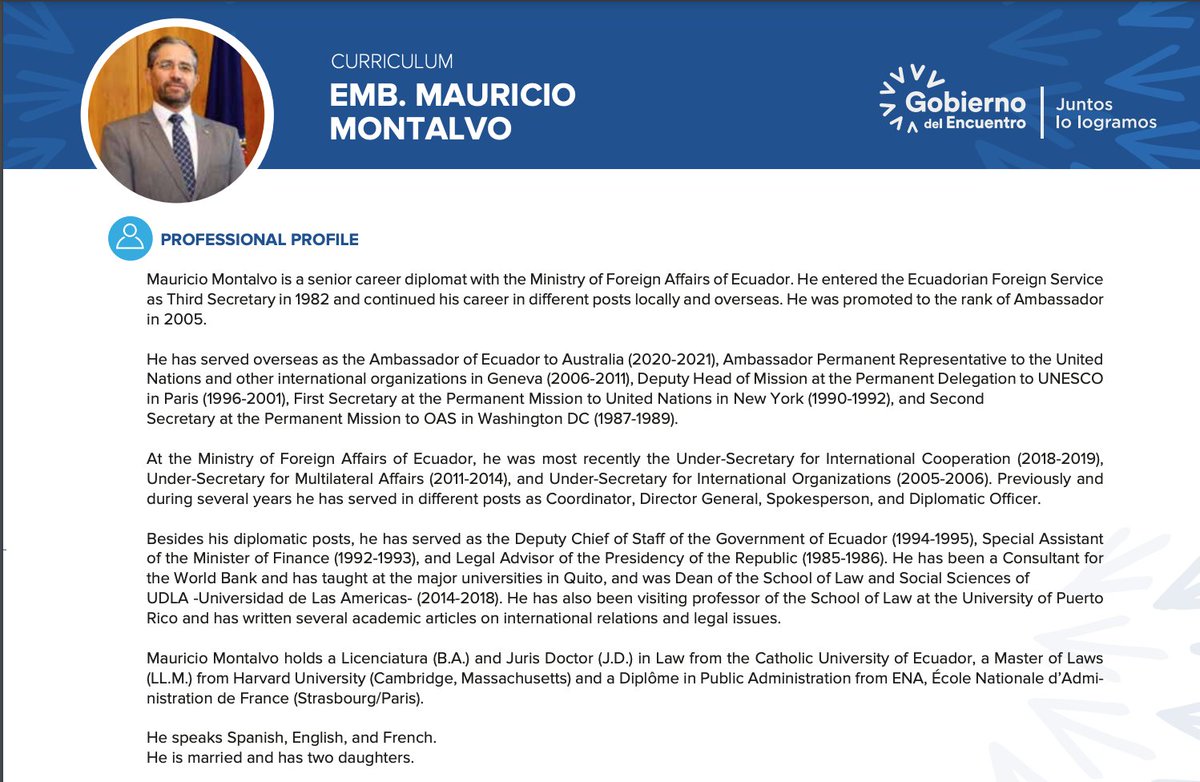 We present the Curriculum of Ambassador Mauricio Montalvo (<a href="/MMontalvoEC/">Mauricio Montalvo</a>), Minister of Foreign Affairs and Human Mobility of Ecuador. ➡️ bit.ly/3vyV5db
Welcome home dear Minister!