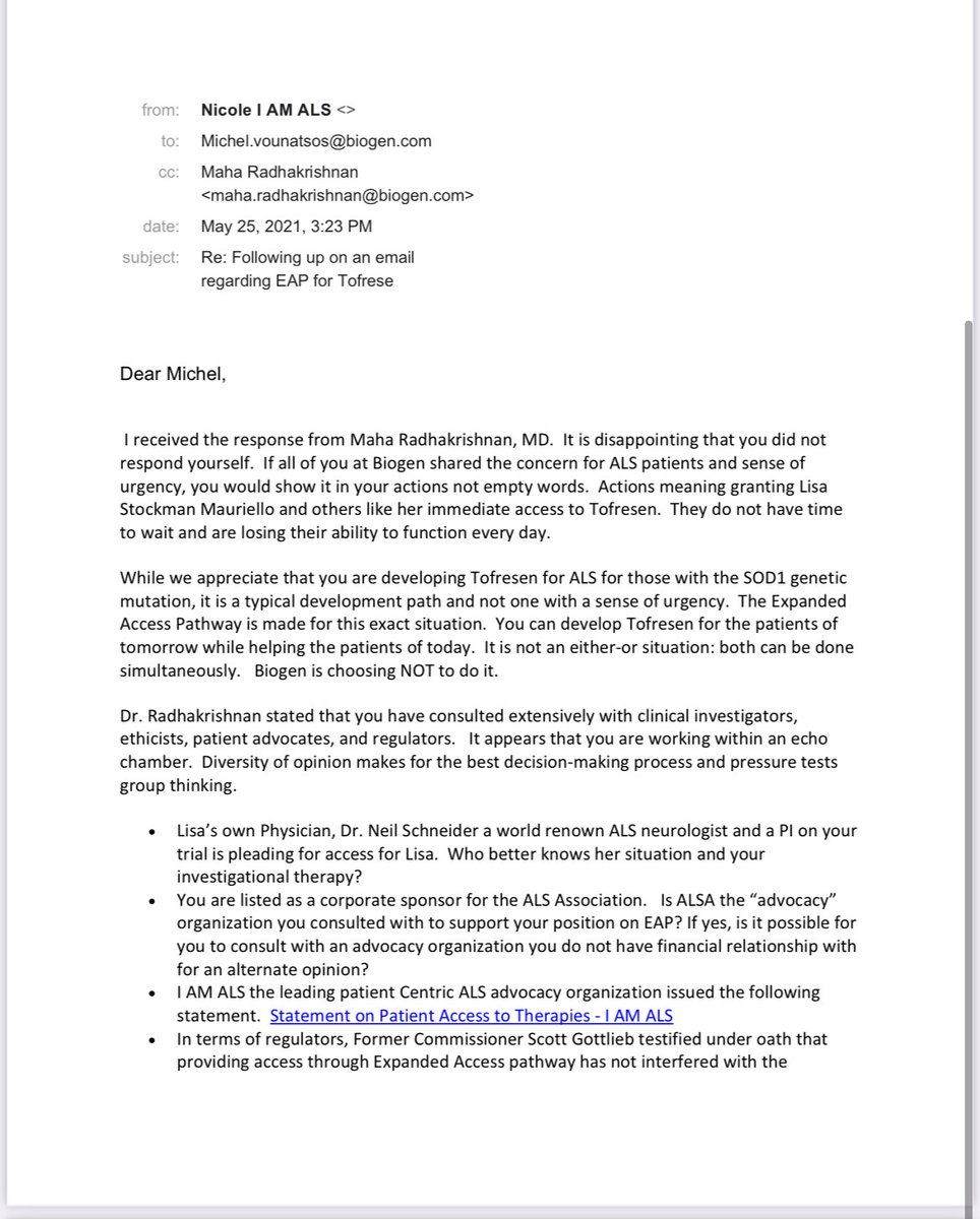 nicolecimbura's tweet photo. . @Chance4Lisa @Biogen responded to my letter pleading for #tofresen through #expandedaccess.    I spoke #truth to #power. July is too late.  More Excuses.  We need action.  #nomoredead #drugsinbodies @FDA #Redtape #nomoreALSWidows https://t.co/FoAdyRMYDf
