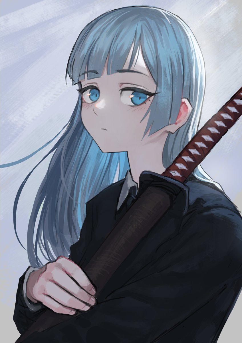 1girl weapon solo sword blue eyes long hair blue hair  illustration images