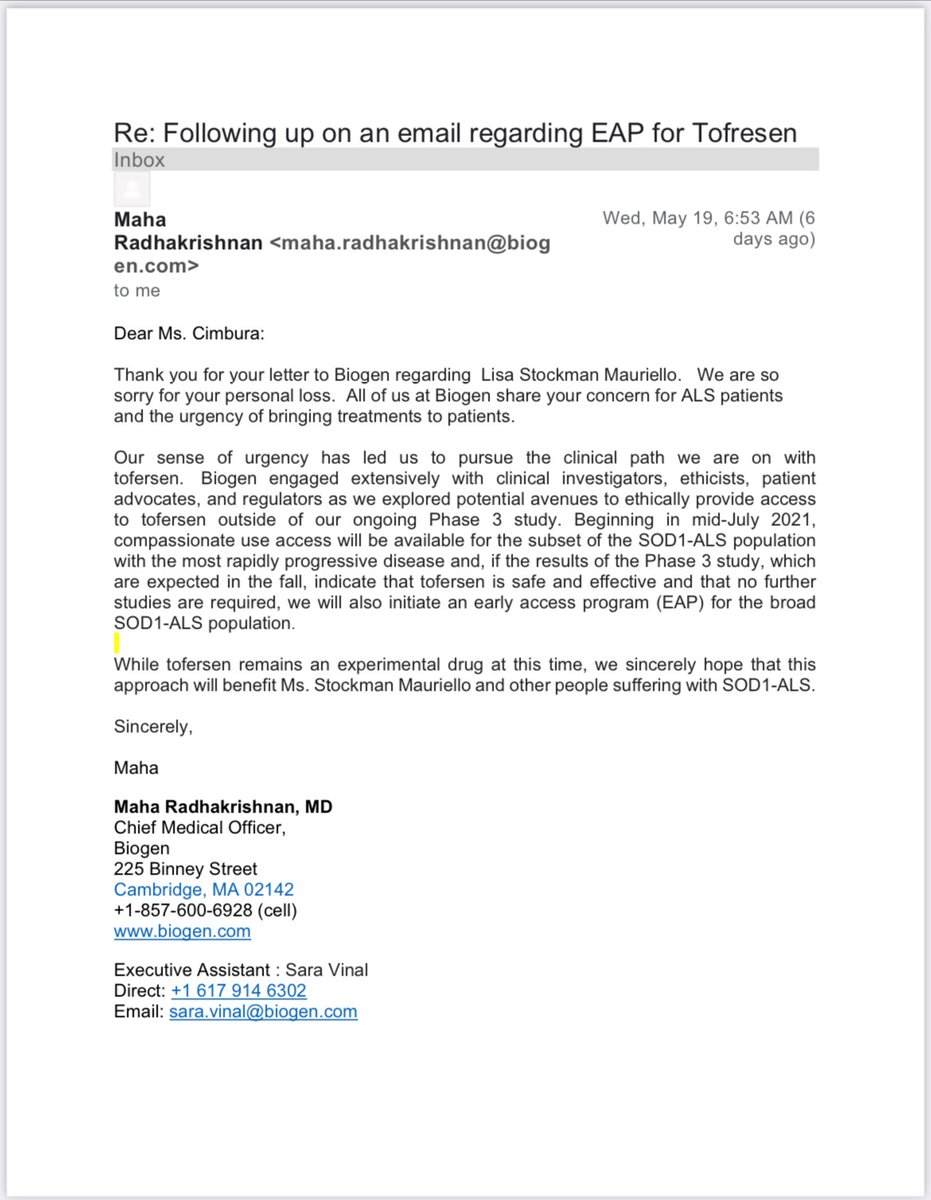 nicolecimbura's tweet photo. . @Chance4Lisa @Biogen responded to my letter pleading for #tofresen through #expandedaccess.    I spoke #truth to #power. July is too late.  More Excuses.  We need action.  #nomoredead #drugsinbodies @FDA #Redtape #nomoreALSWidows https://t.co/FoAdyRMYDf