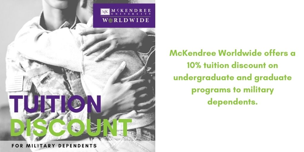 McKendreeWW's tweet photo. If you are a military dependent, you are eligible for a 10% tuition discount on McKendree Worldwide undergraduate and graduate programs! Find out more at https://t.co/PUDZnmBpZn! https://t.co/rvqjY3WHeV