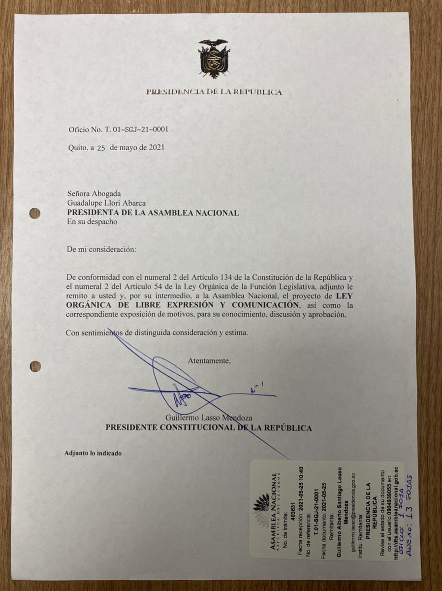 luisevivanco's tweet photo. La @AsambleaEcuador tiene ya en sus manos la Ley de Libre Expresión enviada por @LassoGuillermo. Atentos a su tratamiento legislativo 👀 https://t.co/aE8OObm1yc