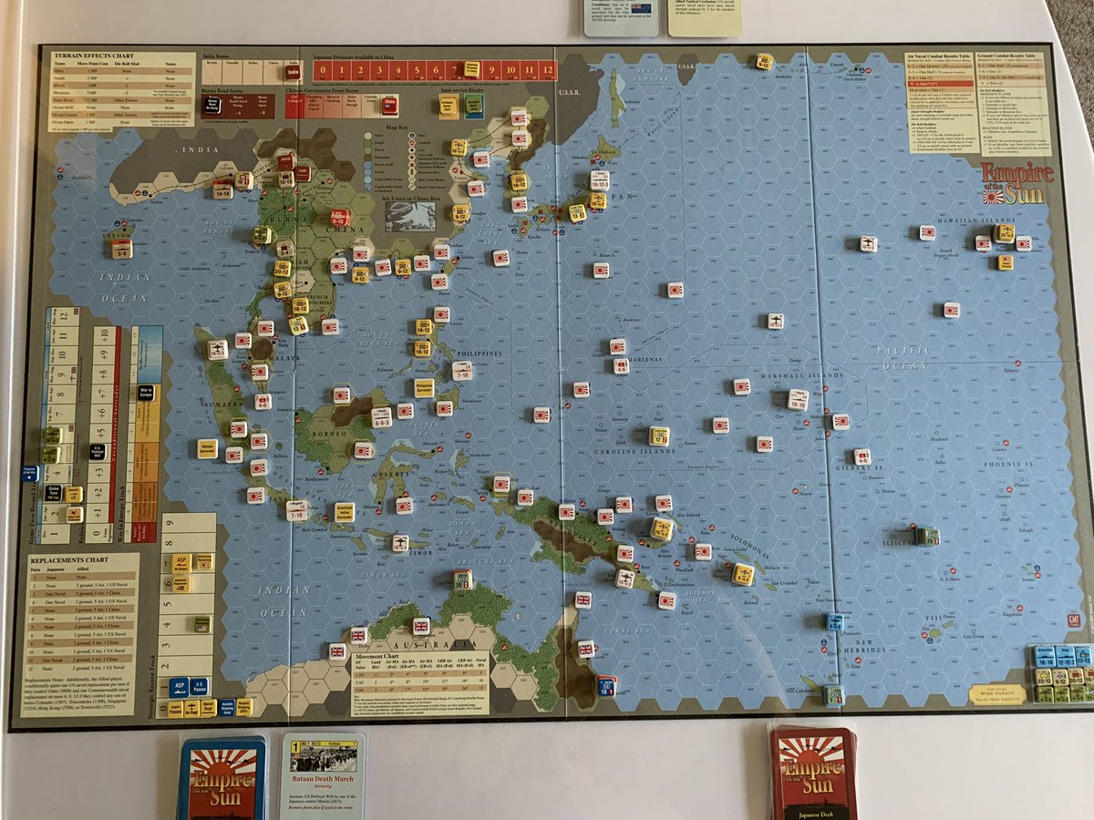 ldozeki's tweet image. 1) How it’s going … beginning turn 3 of @markherman54 Empire of the Sun first card for Japan and Allies. Japan protects it naval from submarines with grand escort card @RBMStudio1 @gmtgames #ETOS