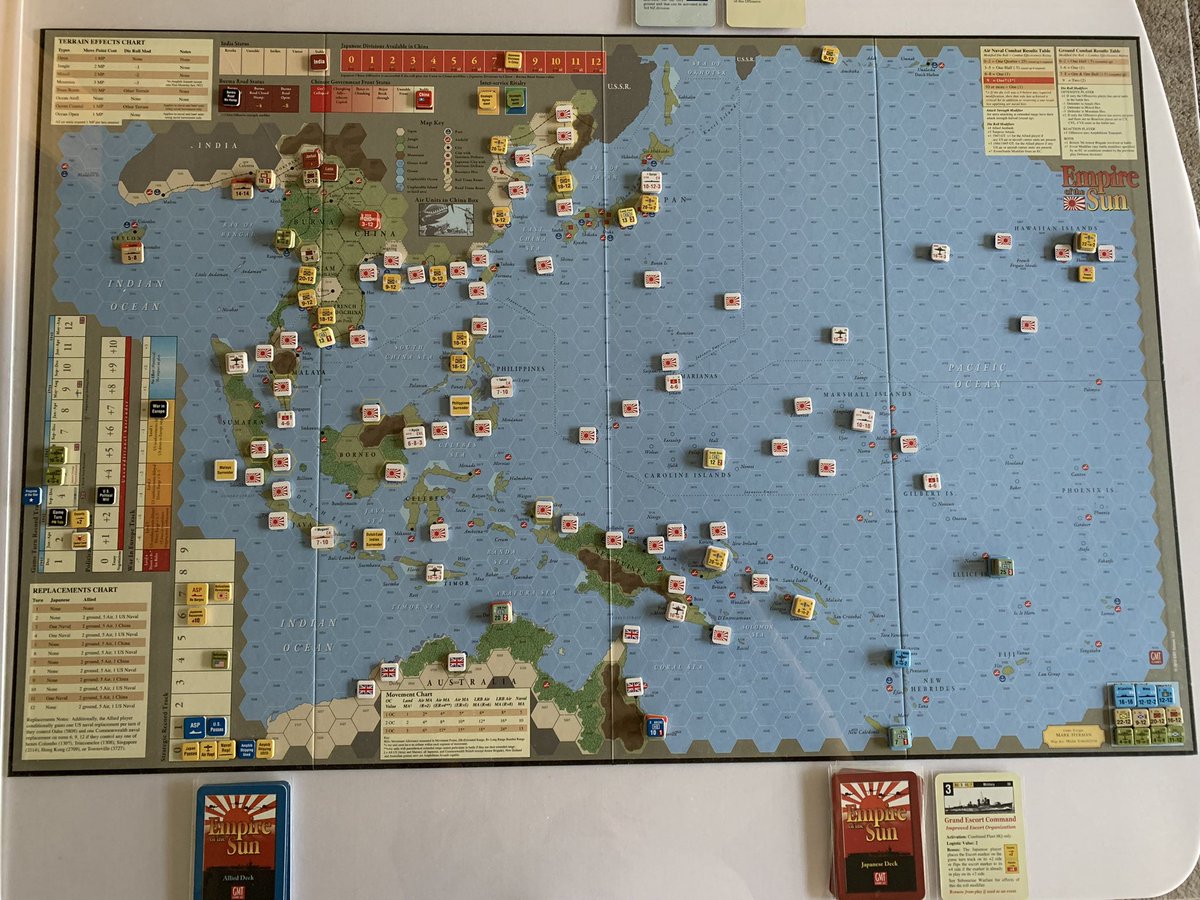 ldozeki's tweet image. 1) How it’s going … beginning turn 3 of @markherman54 Empire of the Sun first card for Japan and Allies. Japan protects it naval from submarines with grand escort card @RBMStudio1 @gmtgames #ETOS