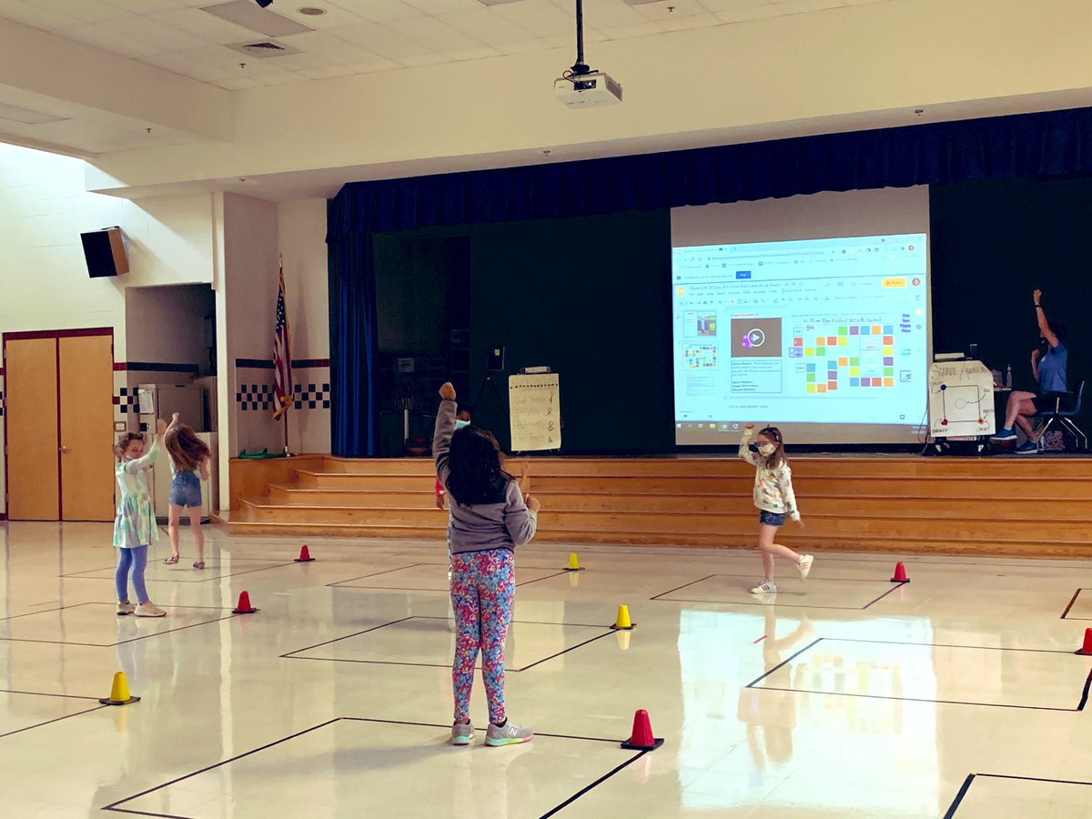 FCPSAdaptedPE's tweet photo. No gym no problem! #concurrent PE class in the cafeteria! #adultsupport can make all the difference esp. when using #visualcuecards. Fun, interactive game that all students in the #hybrid model can be active & learning. @jquerryFCPSPE @OGESDolphins @FCPS_ElemHPE @FCPSMaryland https://t.co/WdKwyJdXbH