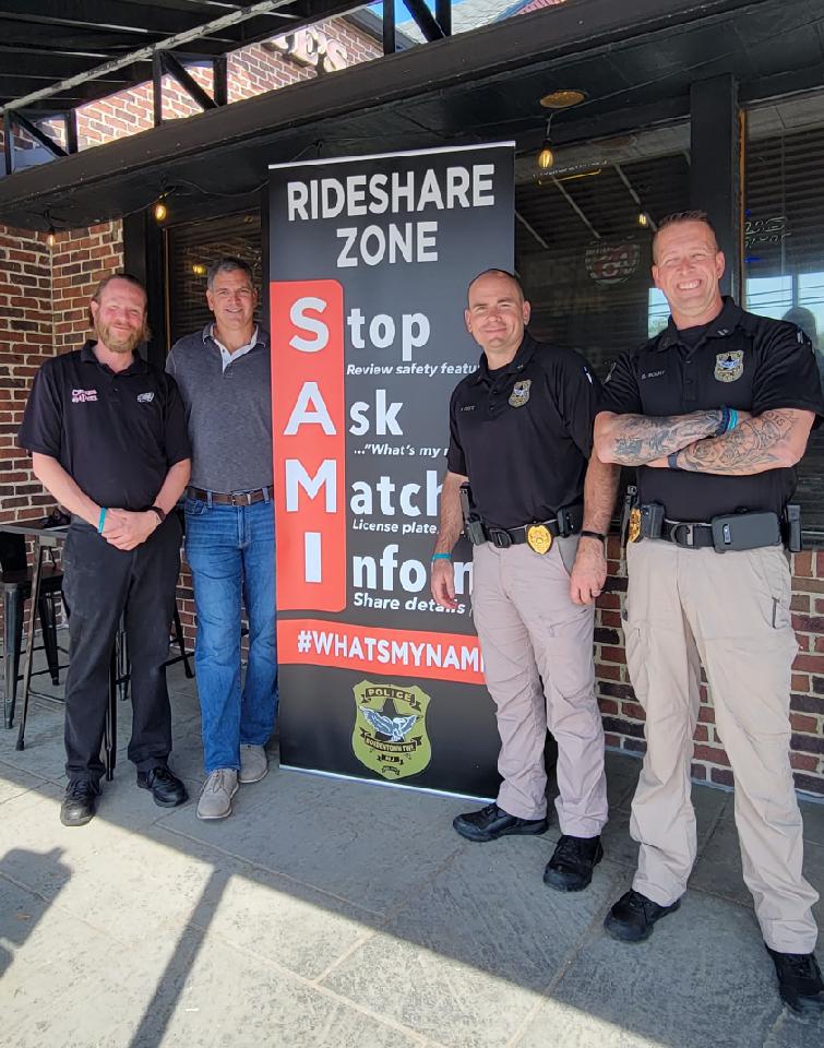 township_police's tweet photo. Today we kicked off a rideshare safety campaign with all our local bars/restaurants and the #whatsmyname foundation. #ridesharesafety, #samistrong, #communitypartnerships https://t.co/0ruhI4waj2