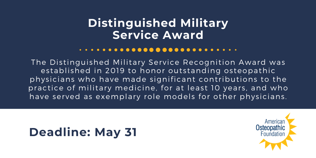 AOFDOgood's tweet photo. The deadline is fast approaching! Nominate an amazing individual for the 2021 AOF Distinguished Military Service Award. Eligibility requirements and access to the nomination portal here - https://t.co/aODNJYw901 #militarydocs
@AOAforDOs @AMOPS1 @MilitaryOfficer https://t.co/GI7C6MKxs5
