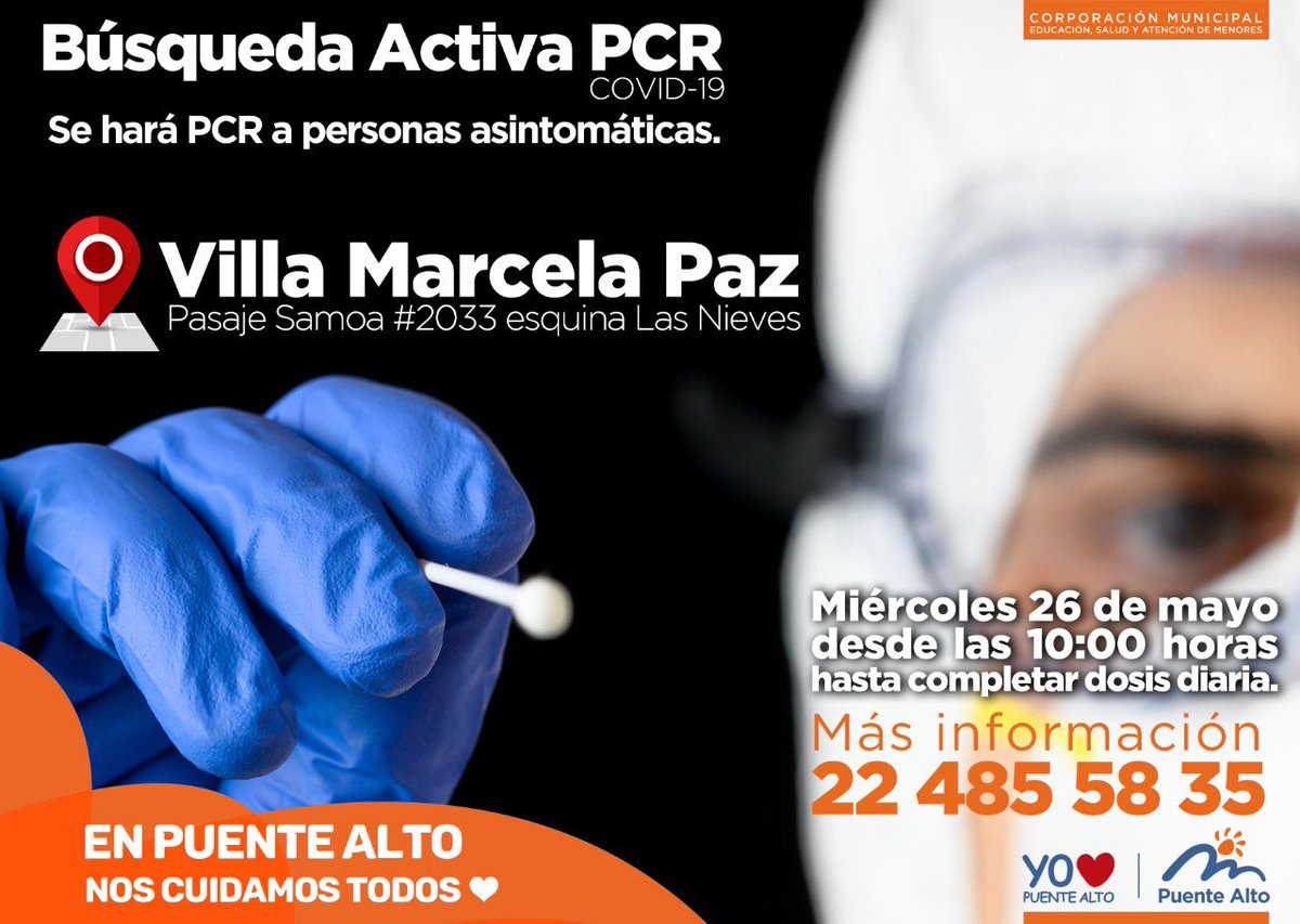 cmpuentealto's tweet photo. Nuestros #OperativosPCR siguen recorriendo la comuna.
Miércoles 26 de mayo te esperamos en las Villas Cerrito Arriba y Marcela Paz. Debes llevar tu carnet de identidad y tu permiso temporal. Recuerda que no debes tener síntomas.
Más detalles👇🏻 https://t.co/eSSAZLdvpy