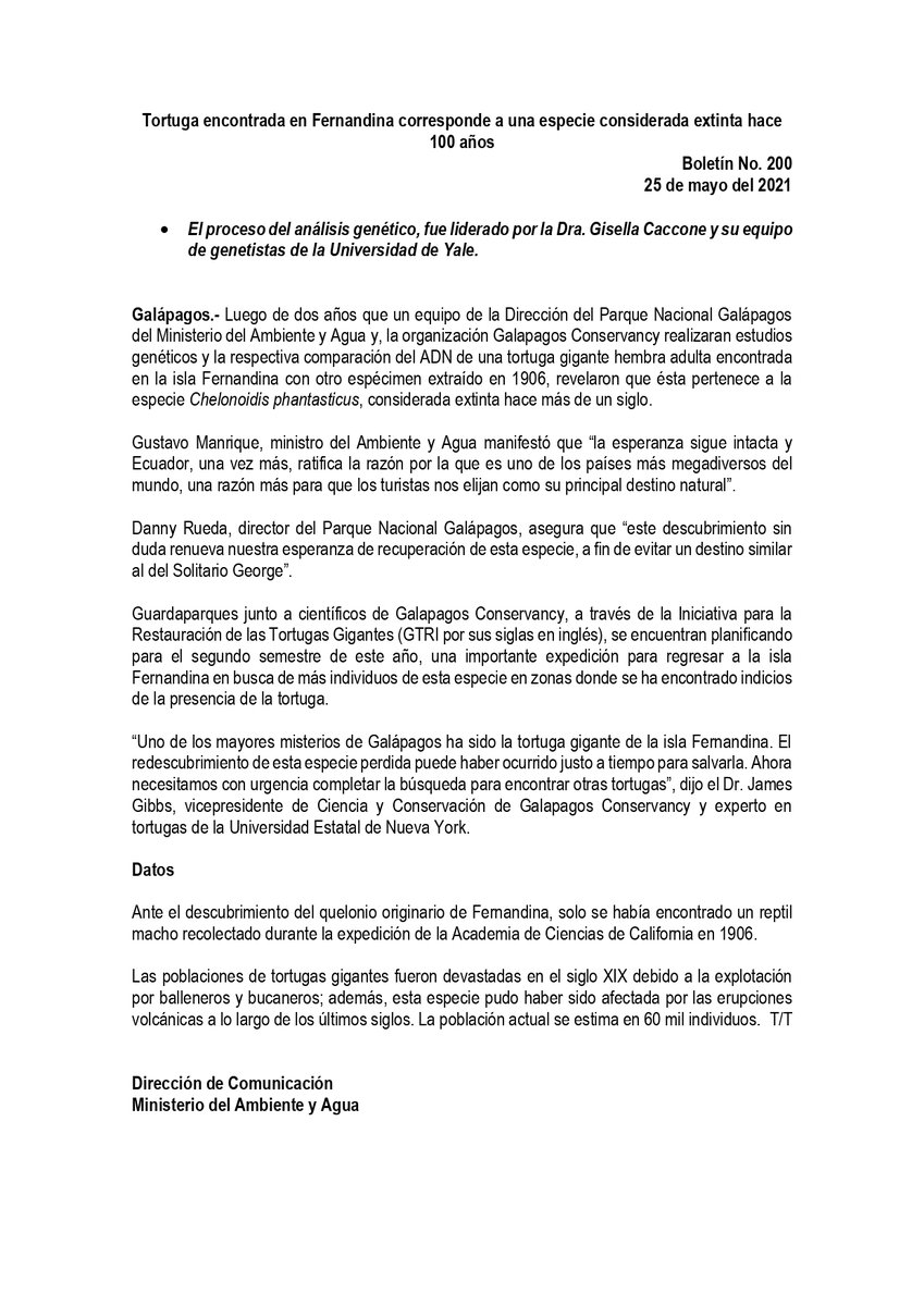 GInmediato's tweet photo. ¡¡¡ Buenas Noticias #Galapagos!!!! Tortuga encontrada en Fernandina corresponde a una especie considerada extinta hace 100 años @parquegalapagos @Ambiente_Ec @GustavoManriq_M @DannyRuedaC https://t.co/xzvDuUi54w