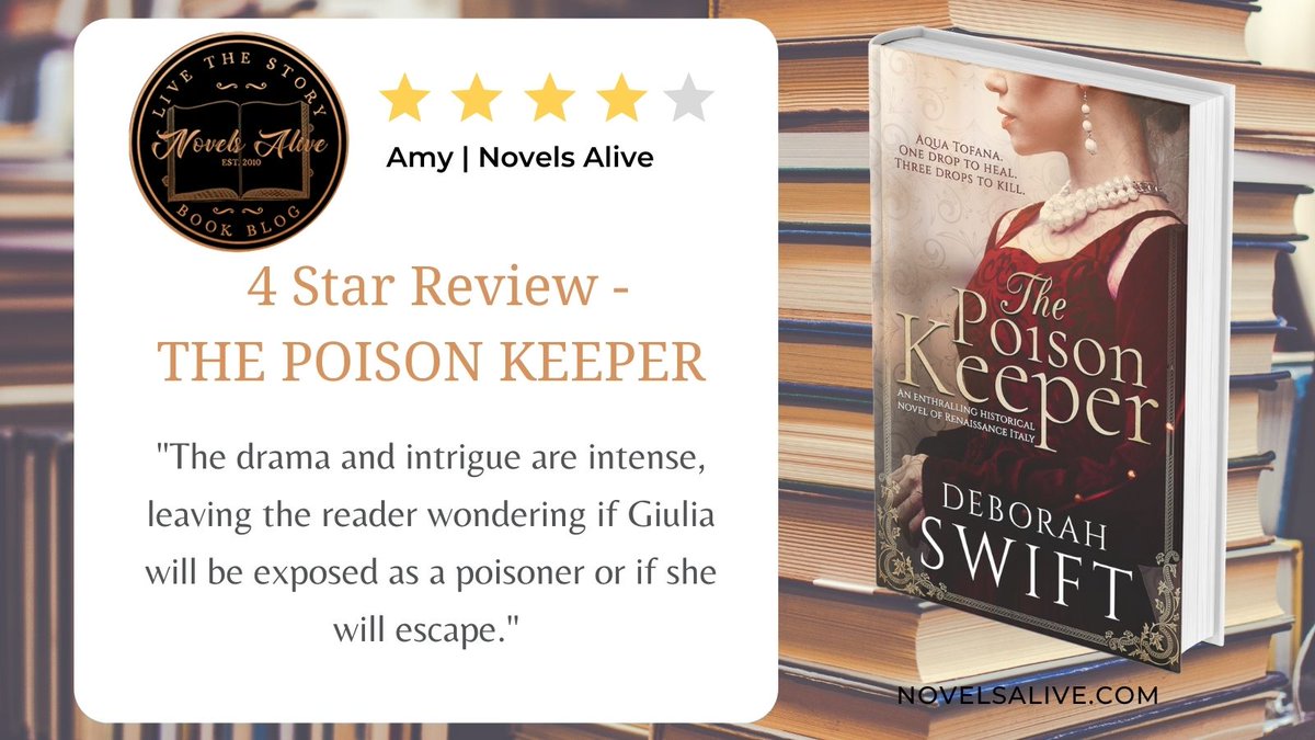 4 STAR REVIEW⭐️⭐️⭐️⭐️: THE POISON KEEPER by Deborah Swift <a href="/swiftstory/">Deborah Swift</a> @hfvbt  

"The drama and intrigue are intense, leaving the reader wondering if Giulia will be exposed as a poisoner or if she will escape."

Read the entire review now: bit.ly/3fio2En

#BookReview