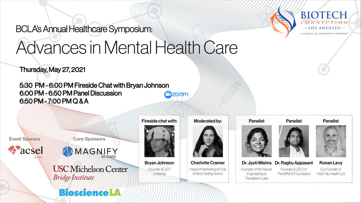 Team_BCLA's tweet photo. One of our most exciting events of the year is coming up on Thursday, May 27 from 5:30 PM to 7:00 PM (PDT)! Join our annual healthcare symposium as we discuss Advances in Mental Health Care with leaders in academia, industry, and investment. 
RSVP: https://t.co/IxFNiCaskQ https://t.co/FDnBUvGi3e
