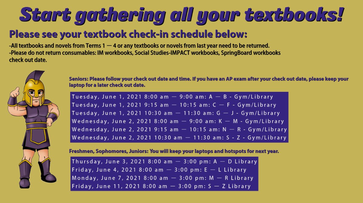 Spartans, we are quickly approaching the end of the school year.  Please as your teachers allow,  begin to return your textbooks.  #jhillsway <a href="/JHillsAthletics/">JHillsAthletics</a> <a href="/FUSD_LdrDev/">Gorge Santiago</a> <a href="/JHHSMusic/">Jurupa Hills Music</a> <a href="/JHHSASB/">JHHS ASB</a> <a href="/JHillsAVID/">Mrs. Kohler</a> <a href="/JHillsLinkCrew/">Jurupa Hills Link Crew</a> <a href="/jhillsphoto3/">Jurupa Hills Photo</a> <a href="/CarolineLabont2/">Caroline Labonte</a>

Follow the schedule below:
