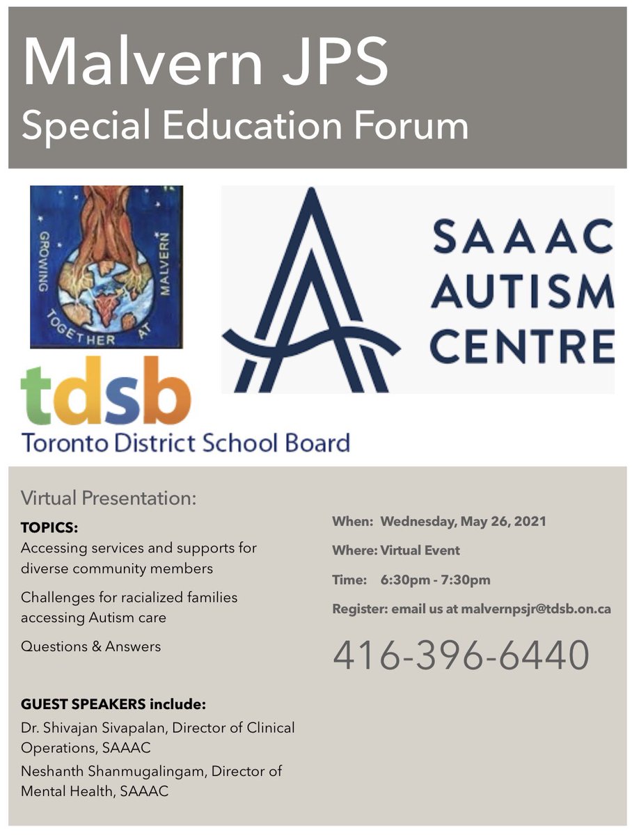 Malvern JPS  - join <a href="/thesaaac/">SAAAC Autism Centre</a> for Special Education Forum to support families, on Wednesday, May 26 at 6:30pm.