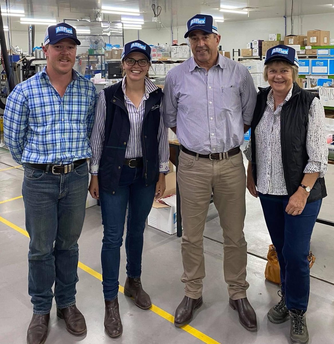 Zanda McDonald Award your at the Allflex manufacturing facility with 2021 award winner 28 year old, Breeding Manager at LambPro, Rozzie O'Reilly (2nd from left) husband John (left), prime lamb producers and industy leaders Charlie and wife Lizzie De Fegely (right)