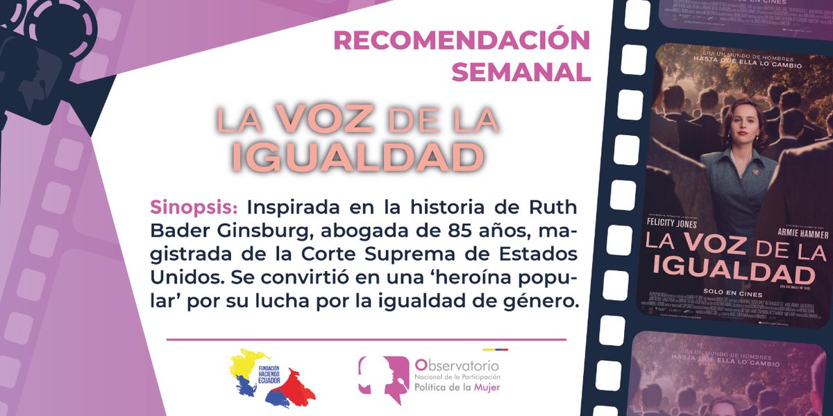Obs_MujeresEc's tweet photo. Hoy como #RecomendacióndelaSemana 🎬🎬 te sugerimos ver "LA VOZ DE LA IGUALDAD". Sigue la historia de #RuthBader en su lucha por la #IgualdadDeGénero en #EEUU.
#Película #Género💜 

Una iniciativa de:
@HaciendoEc
@Obs_MujeresEc https://t.co/DXiTKDxEZq