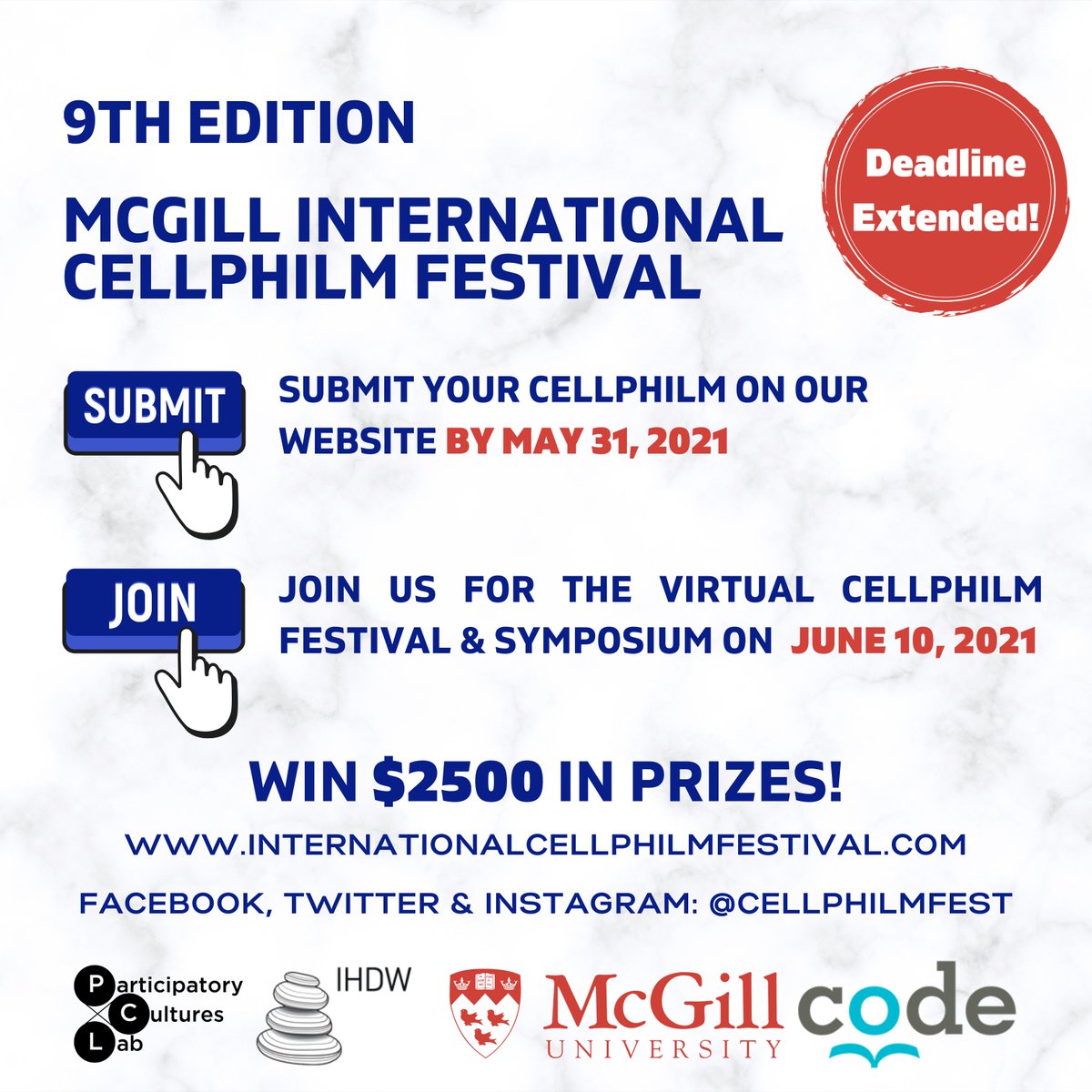 Girls_4Change's tweet photo. DEADLINE EXTENDED!
Submit your #Cellphilms for this year's edition of the @cellphilmfest.
You have until May 31st to send your short video and win one of the prizes available: https://t.co/9gjIxWB7hv https://t.co/Fq8K5Hhl6Y
