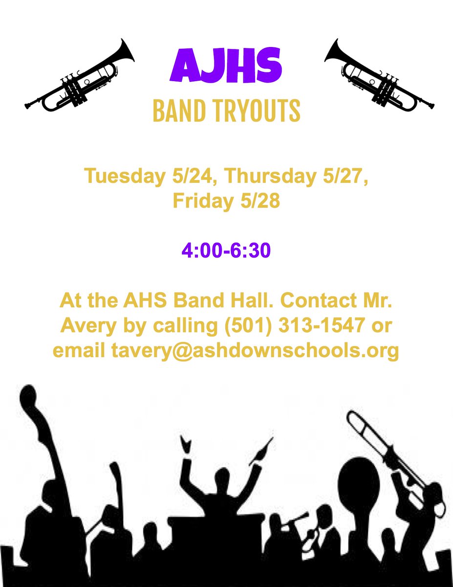 AshdownSchools's tweet photo. Calling all 5th graders going into 6th grade in the fall of 2021 who want to be in band!  Beginner band sign up tonight until 6:30 p.m., Thursday and Friday from 4-6:30 at the Ashdown High School Band Hall.
#WeAreAshdown💜💛#PPMB https://t.co/M3afmVE0Is