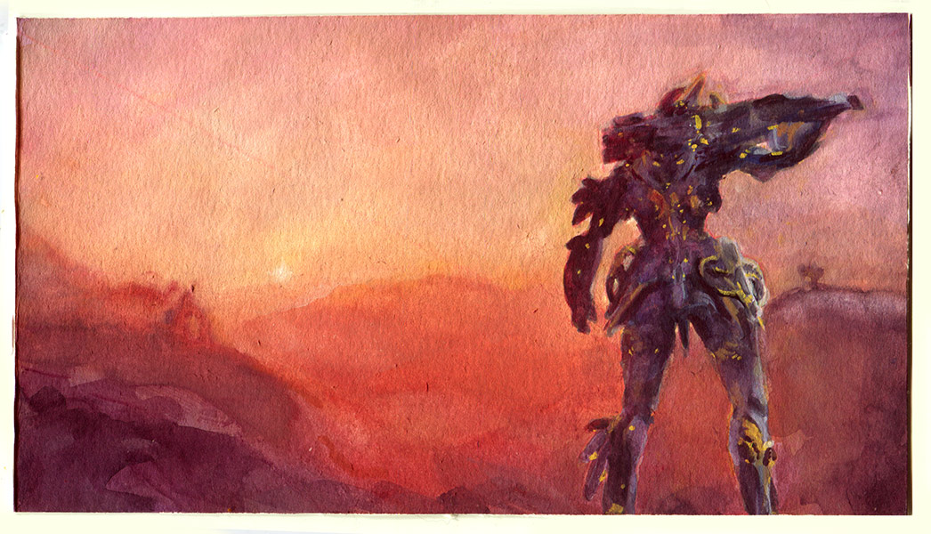 sjholstein's tweet photo. 2 hour study from a #WarframeCaptura photo-mode screenshot I took.

Watercolor &amp; Gouache, 7.5" x 4.25"

140 lbs Cold press paper, some cheap stuff from who knows where!! https://t.co/GQfUqxJWlH