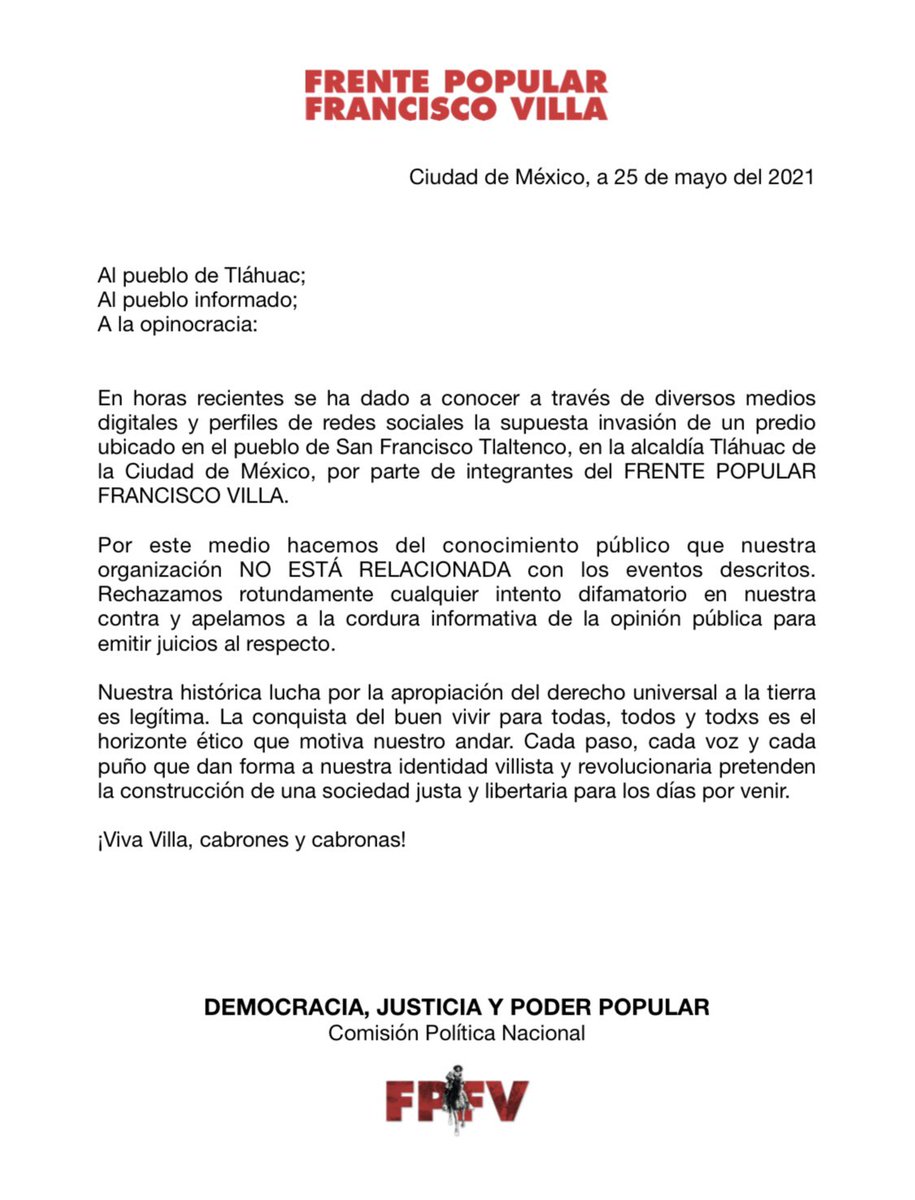FPFV_Mx's tweet photo. #Comunicado #Tláhuac #Tlaltenco #FPFV https://t.co/YhBDypQa6d