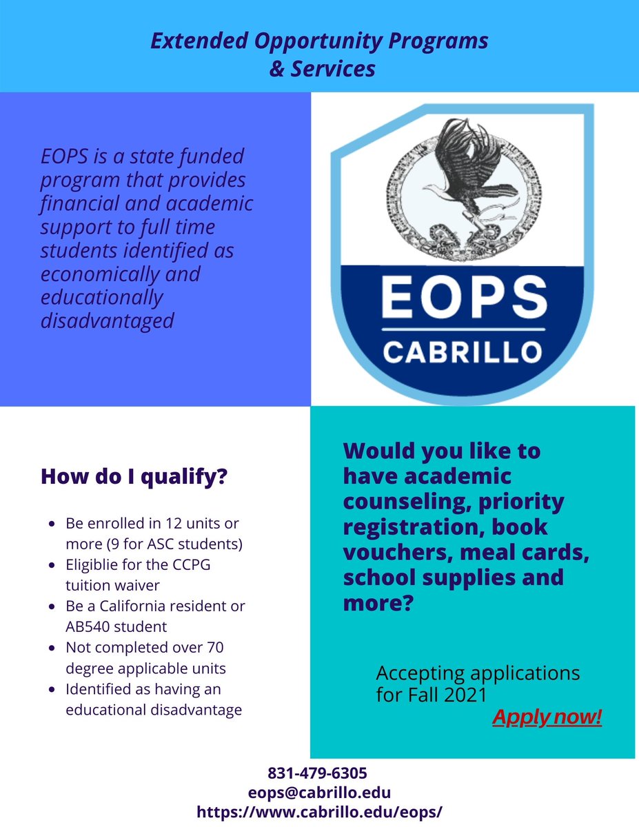 pv_eaop's tweet photo. SENIORS!! EOPS is now accepting applications for Fall 2021🎉EOPS is a program that provides financial💵and academic📚support for economically disadvantaged students. Read below to see if you qualify! To begin the application visit: https://t.co/OqaUz8yoMN https://t.co/cBqKP6MlSe