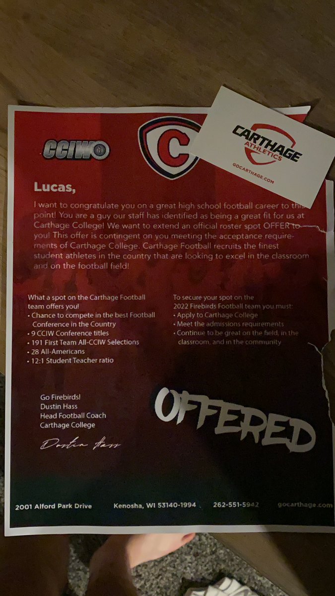 LucasKarl10's tweet photo. Excited to have received an official offer from @Carthage_FB @CoachDustinHass @OliverJamesWes1 @PrepRedzoneWI  🔥🔥🔥 https://t.co/wj3xSzbwZ1