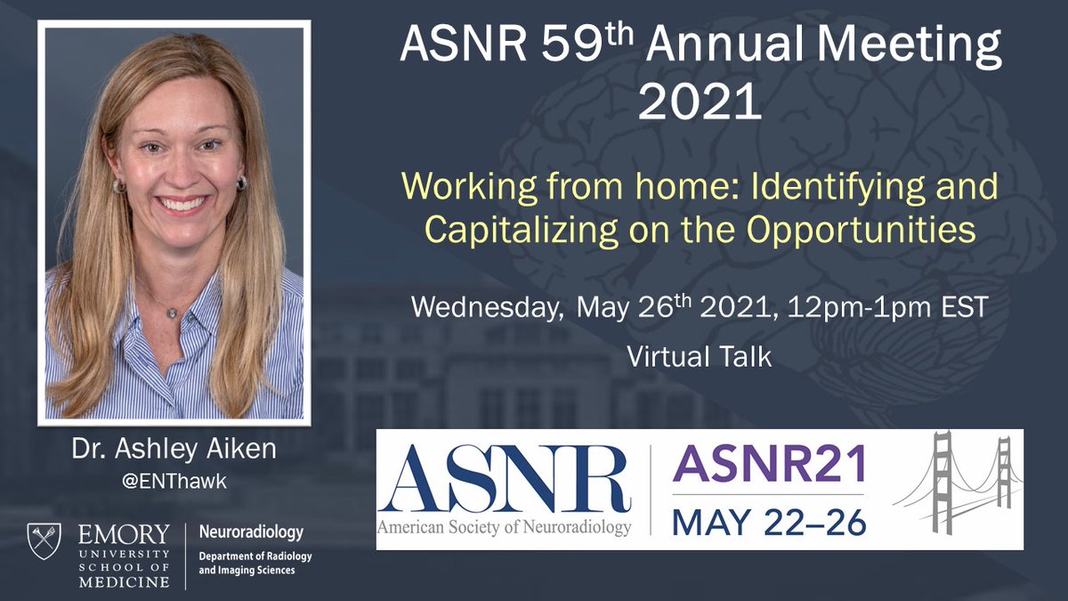 Emory Neuroradiology (@emoryneurorads) on Twitter photo Be sure to tune in tomorrow afternoon to hear speaker <a href="/ENThawk/">Ashley Aiken</a>
#ASNR21 #NeuroRad #Medtwitter Be sure to tune in tomorrow afternoon to hear speaker <a href="/ENThawk/">Ashley Aiken</a>
#ASNR21 #NeuroRad #Medtwitter
